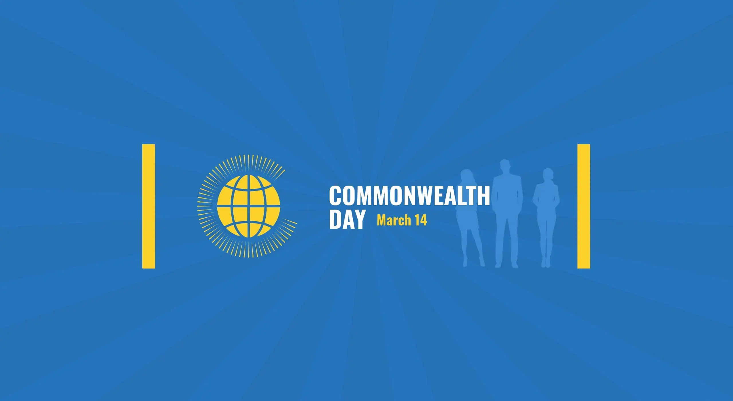 Commonwealth Day 桌布 壁紙 — 藍色背景，黃色地球標誌和三個人的剪影慶祝3月14日大英國協日。