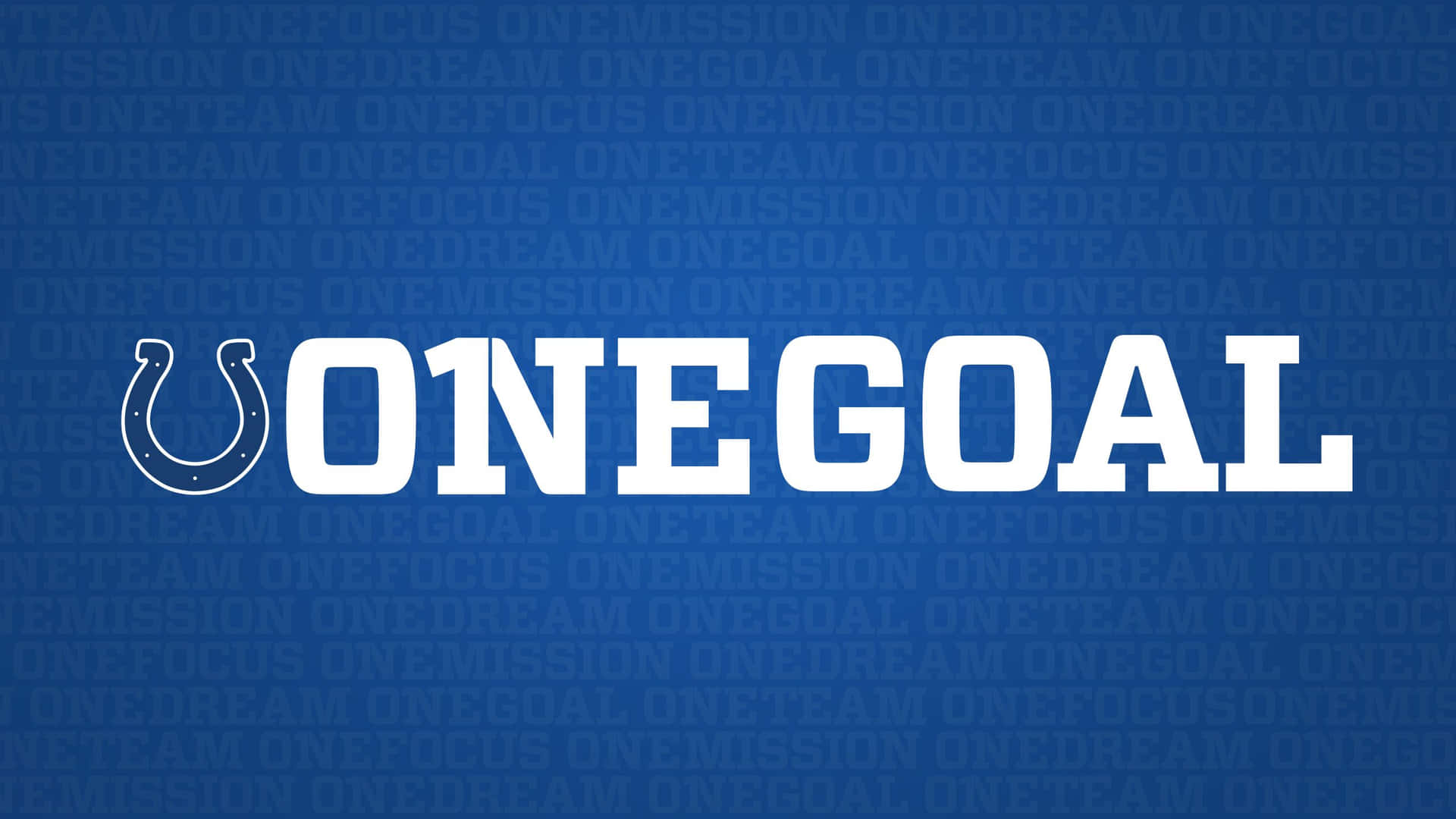  壁紙 — 藍色背景上帶有白色粗體「ONE GOAL」文字和馬蹄鐵標誌，重複激勵性短語。