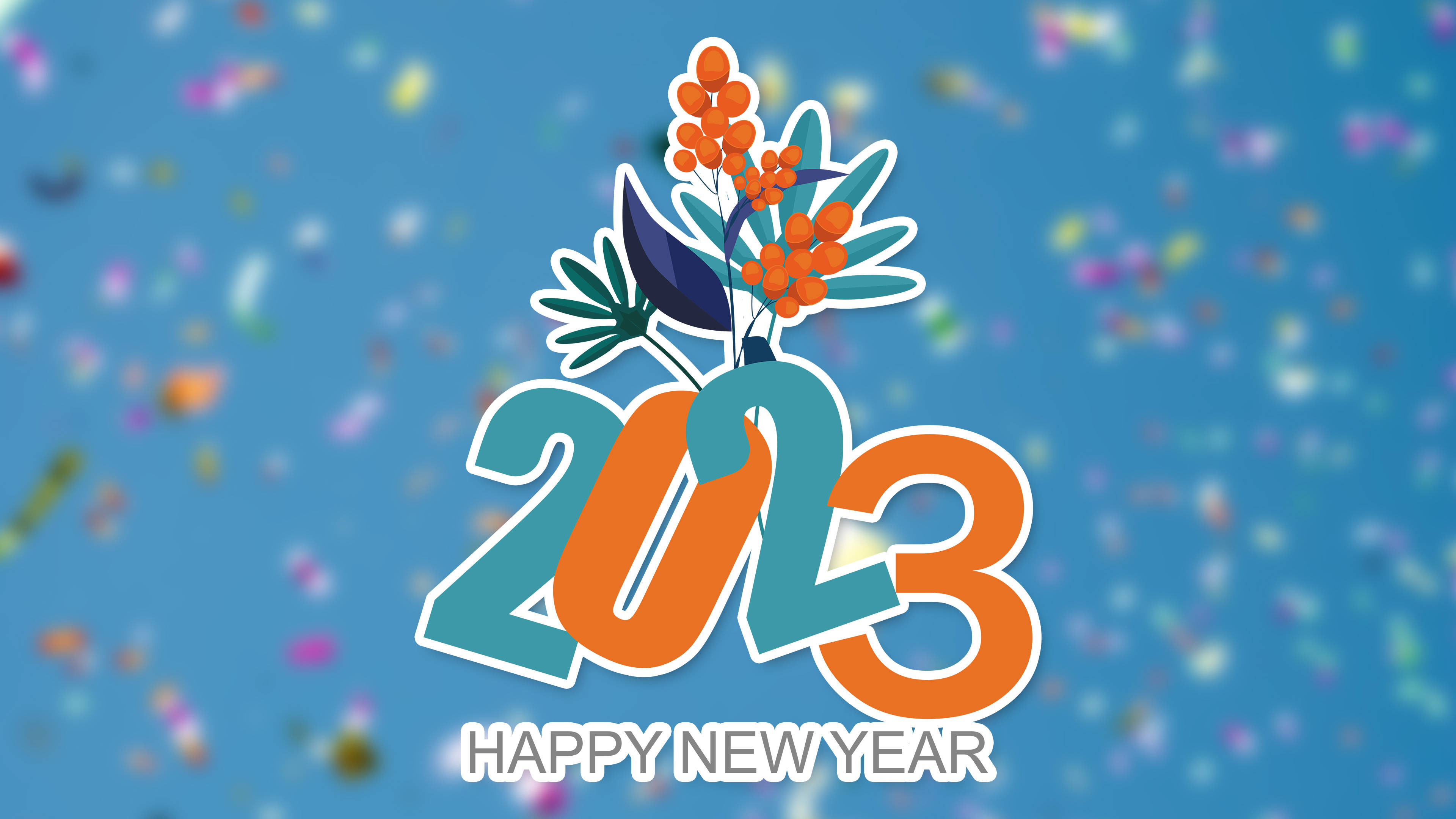 新年快樂 桌布 壁紙 — 藍色背景上帶有風格化花朵和五彩紙屑的充滿活力的2023新年圖形。
