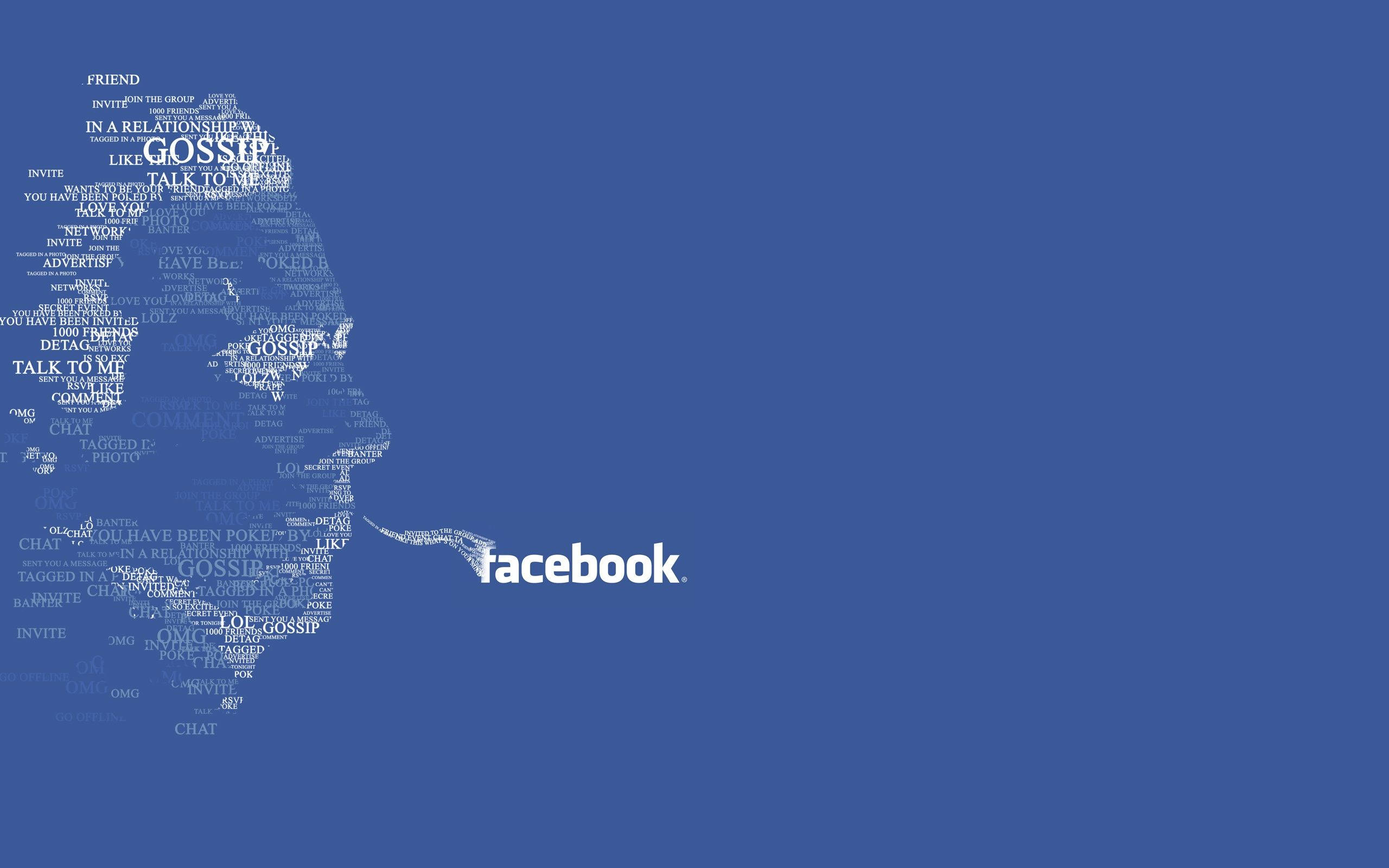 Facebook 桌布 壁紙 — 藍色背景上有一個由Facebook相關詞彙（如gossip和invite）組成的白色人物側面剪影，下方有Facebook標誌。