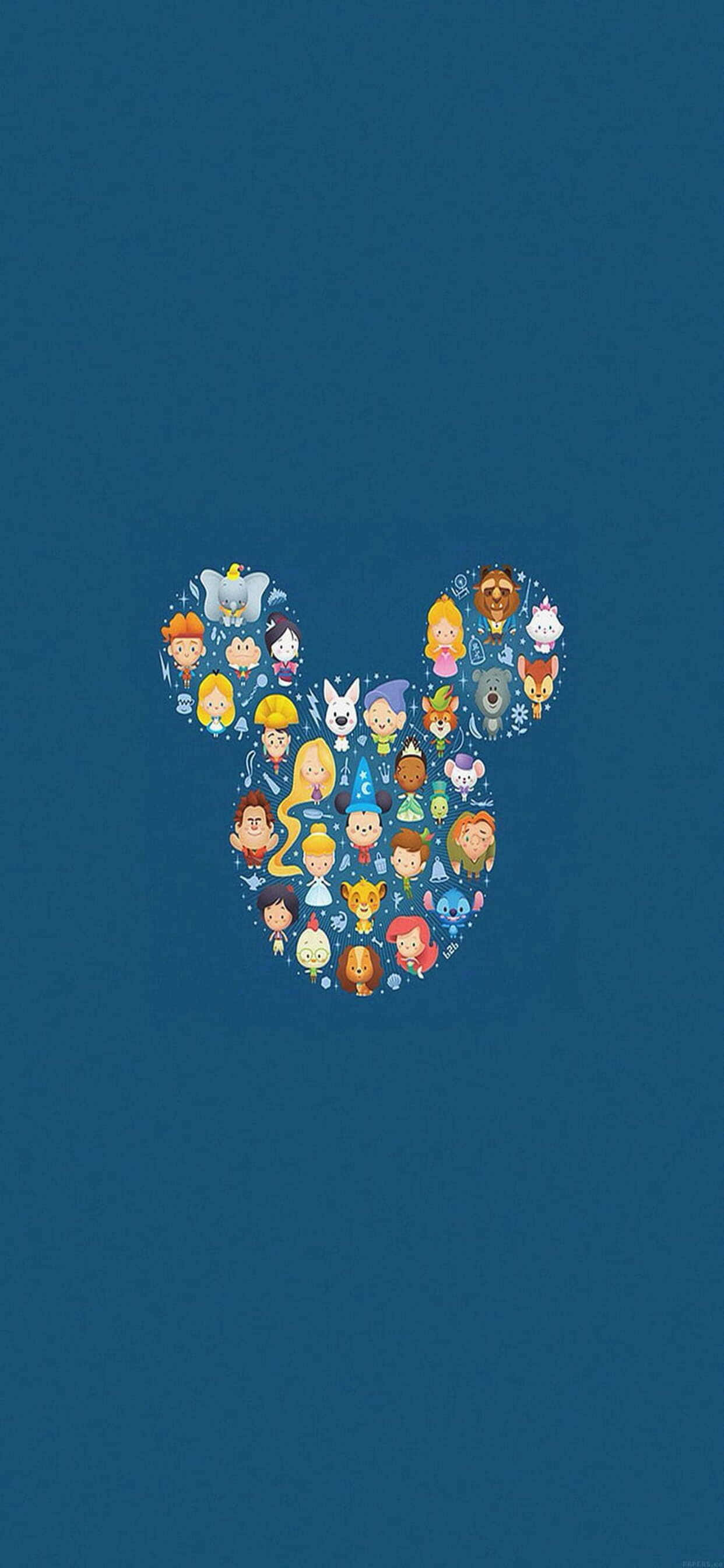 iPhone Xs Max Disney 桌布 壁紙 — 藍色背景上有一個米奇老鼠剪影，裡面充滿了色彩繽紛的迪士尼角色，以可愛的Q版風格呈現。