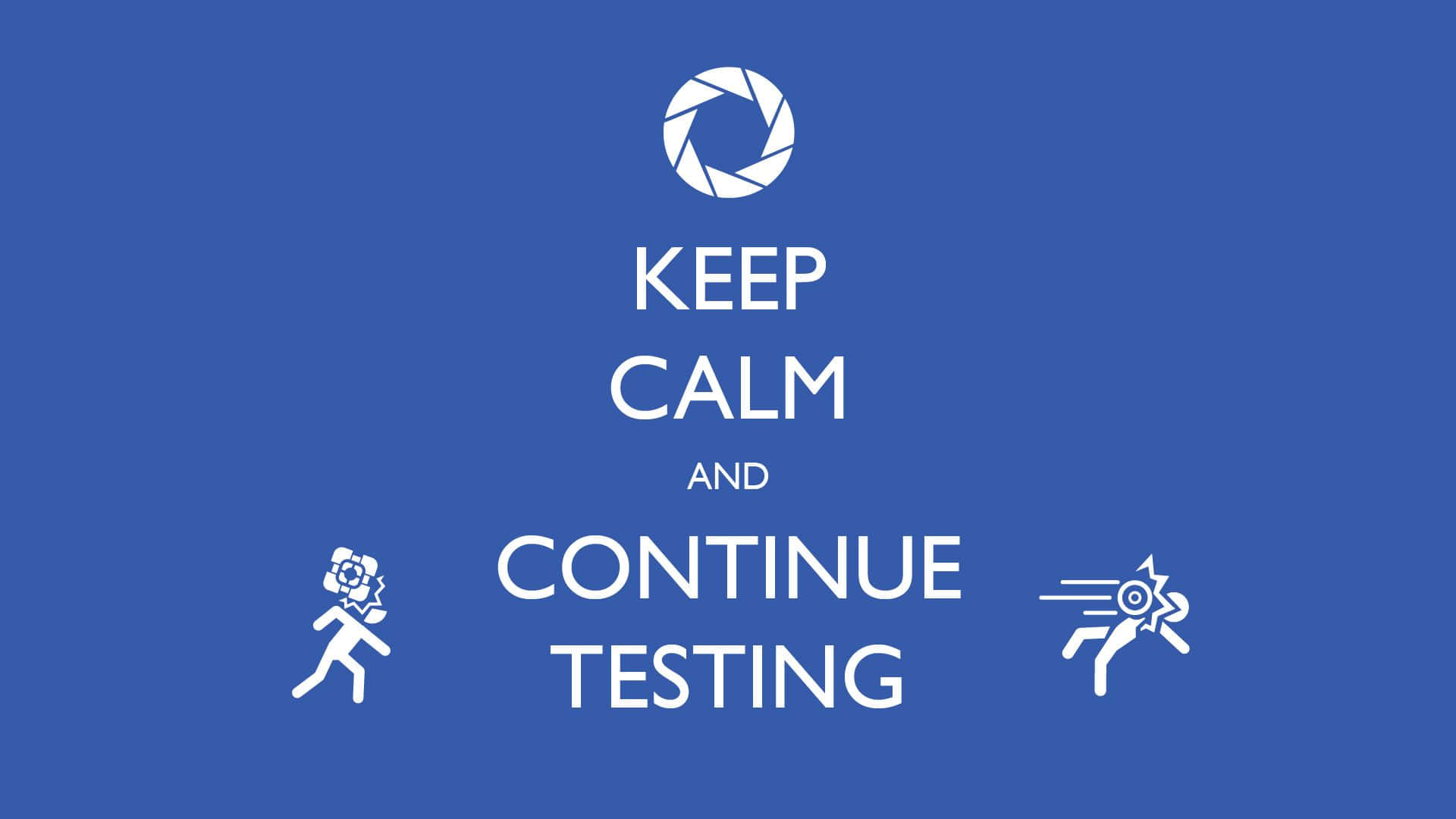 Test 桌布 壁紙 — 藍色背景上的白色文字寫著「KEEP CALM AND CONTINUE TESTING」，並帶有相機快門圖示和跑步人物。