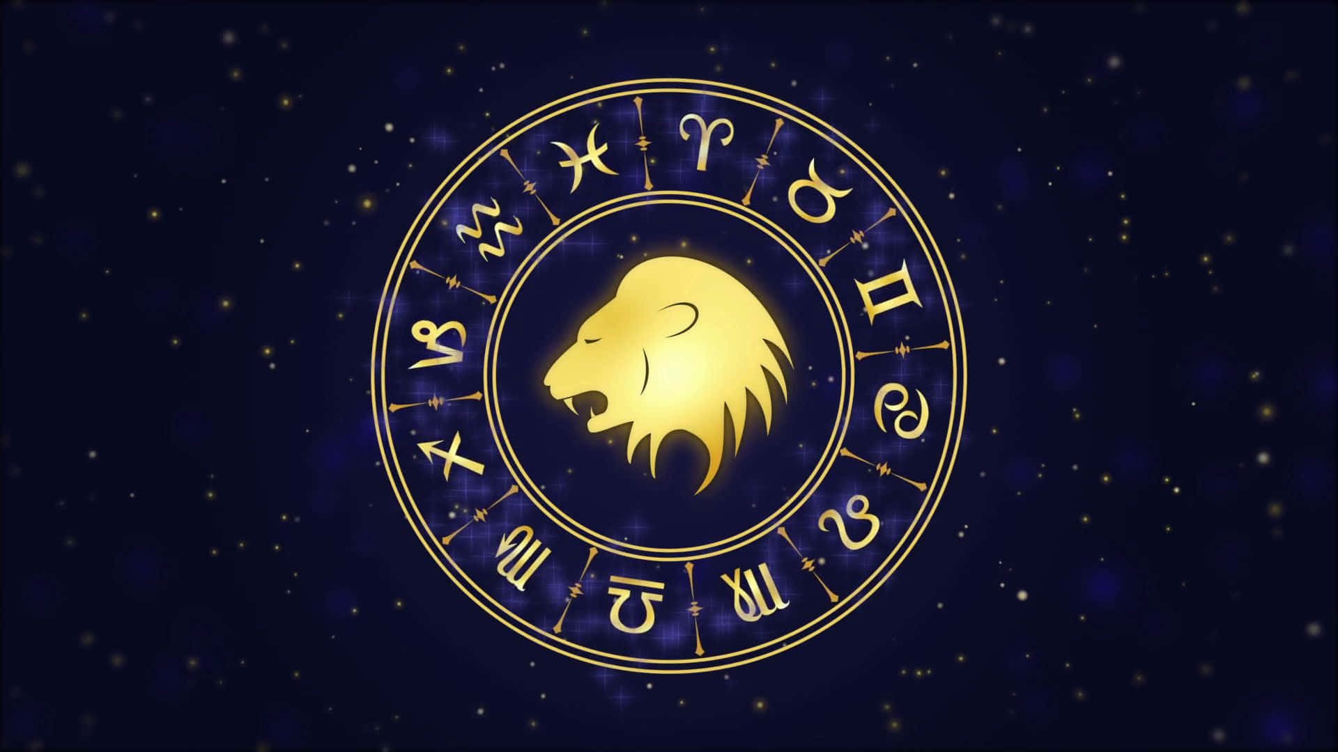 藍色背景上的金色獅子與生肖符號 壁紙