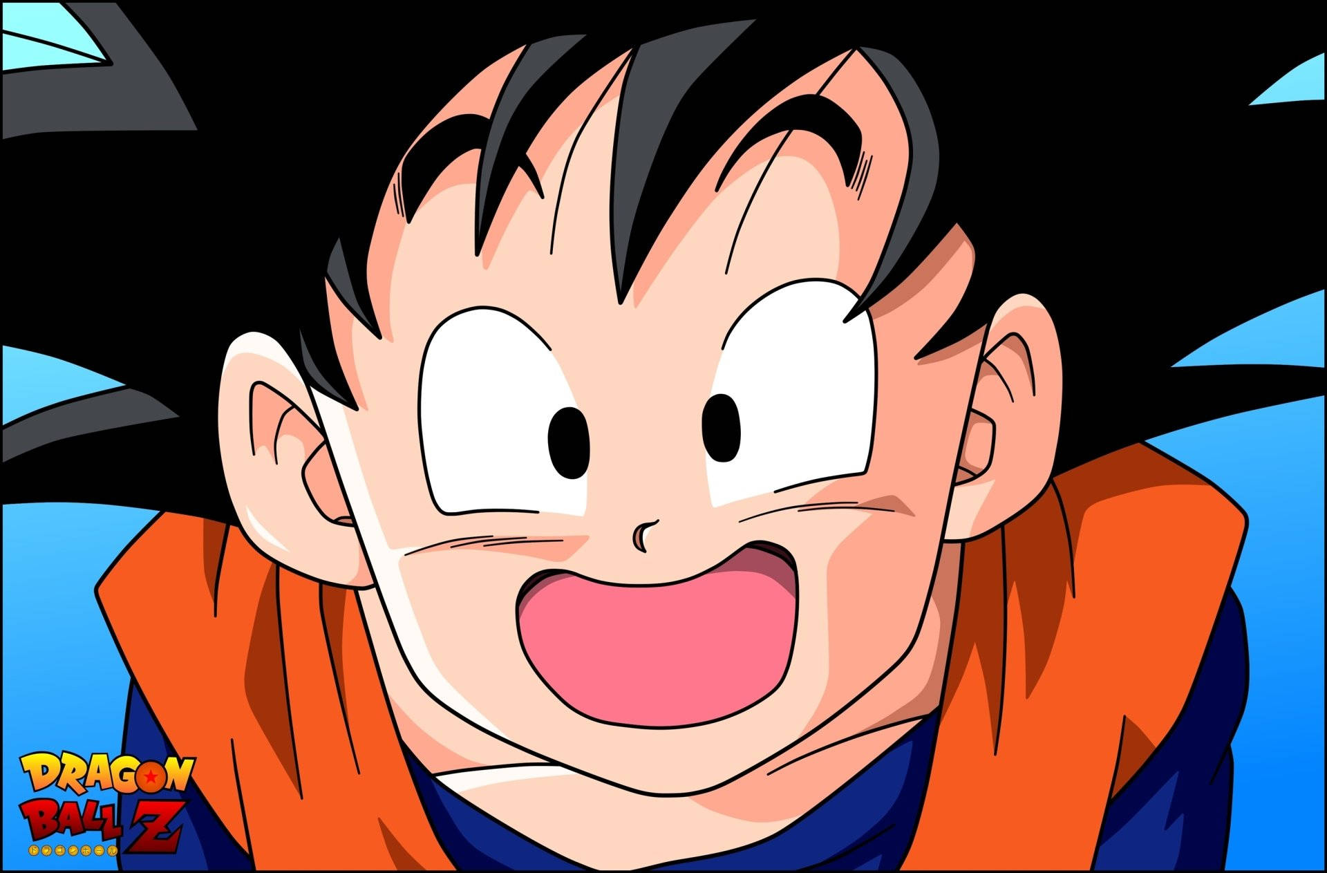 Goten 桌布 壁紙 — 藍色背景前，一個開心的動畫男孩，有尖尖的黑色頭髮和橙色背心的特寫。