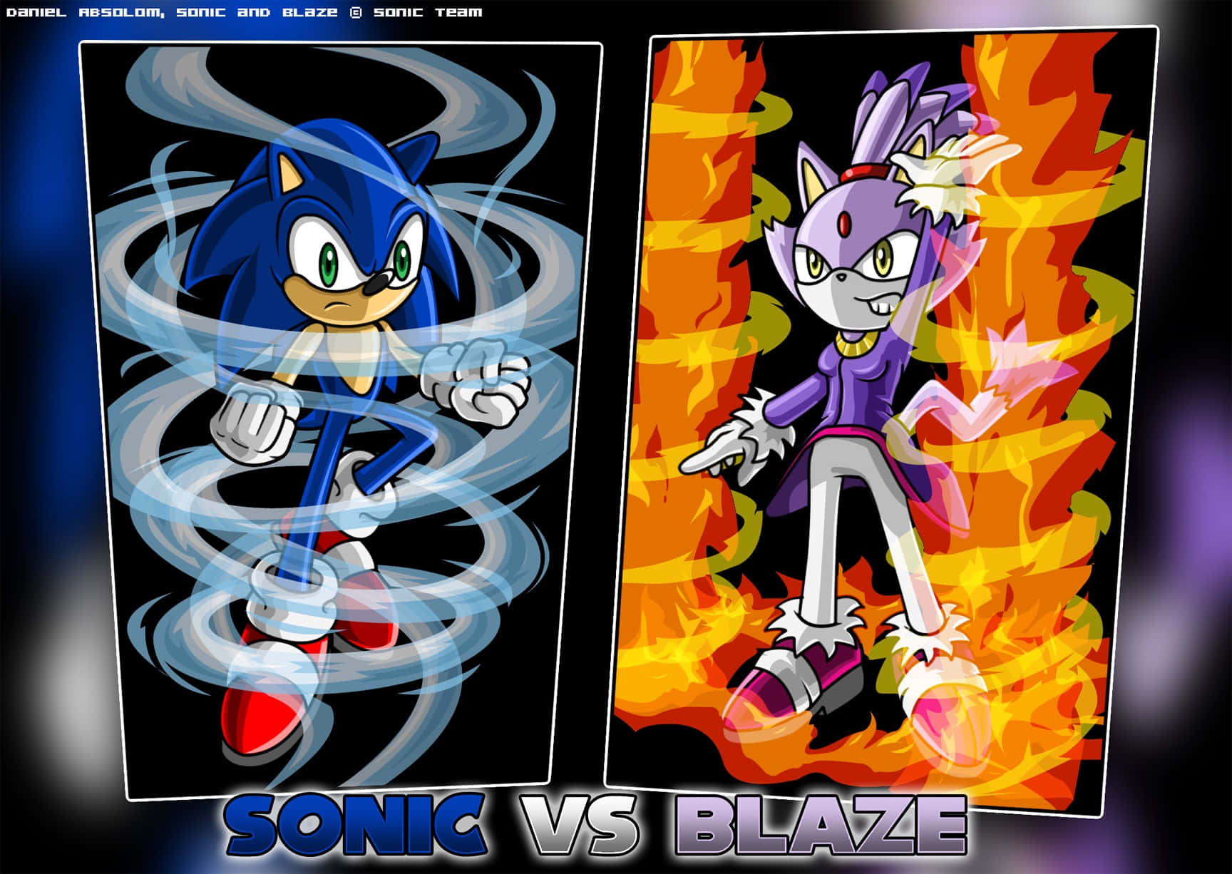 Sonic And Blaze 桌布 壁紙 — 藍色能量漩渦中的Sonic the Hedgehog與熾熱橙色火焰中的Blaze the Cat在動態動漫戰鬥場景中對峙。