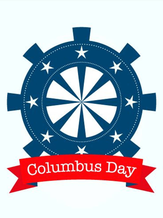 Columbus Day 桌布 壁紙 — 藍色船輪，白色星星，紅色橫幅寫著哥倫布日，淺色背景。
