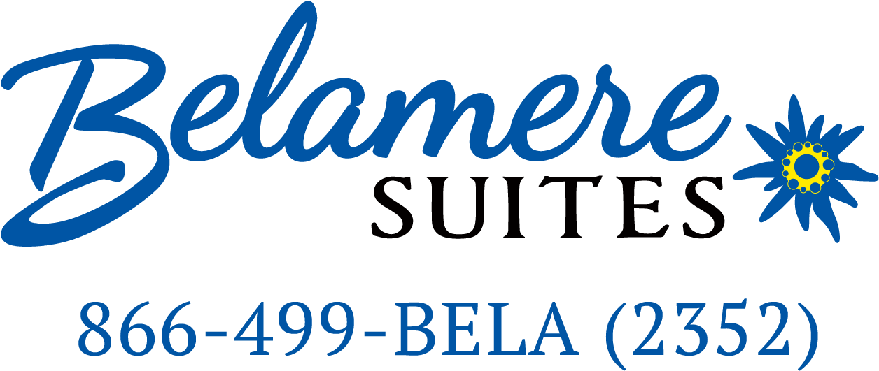 飯店 桌布 壁紙 — 藍色草書 Belamere 標誌，帶有雛菊圖標和電話號碼，背景為黑色。