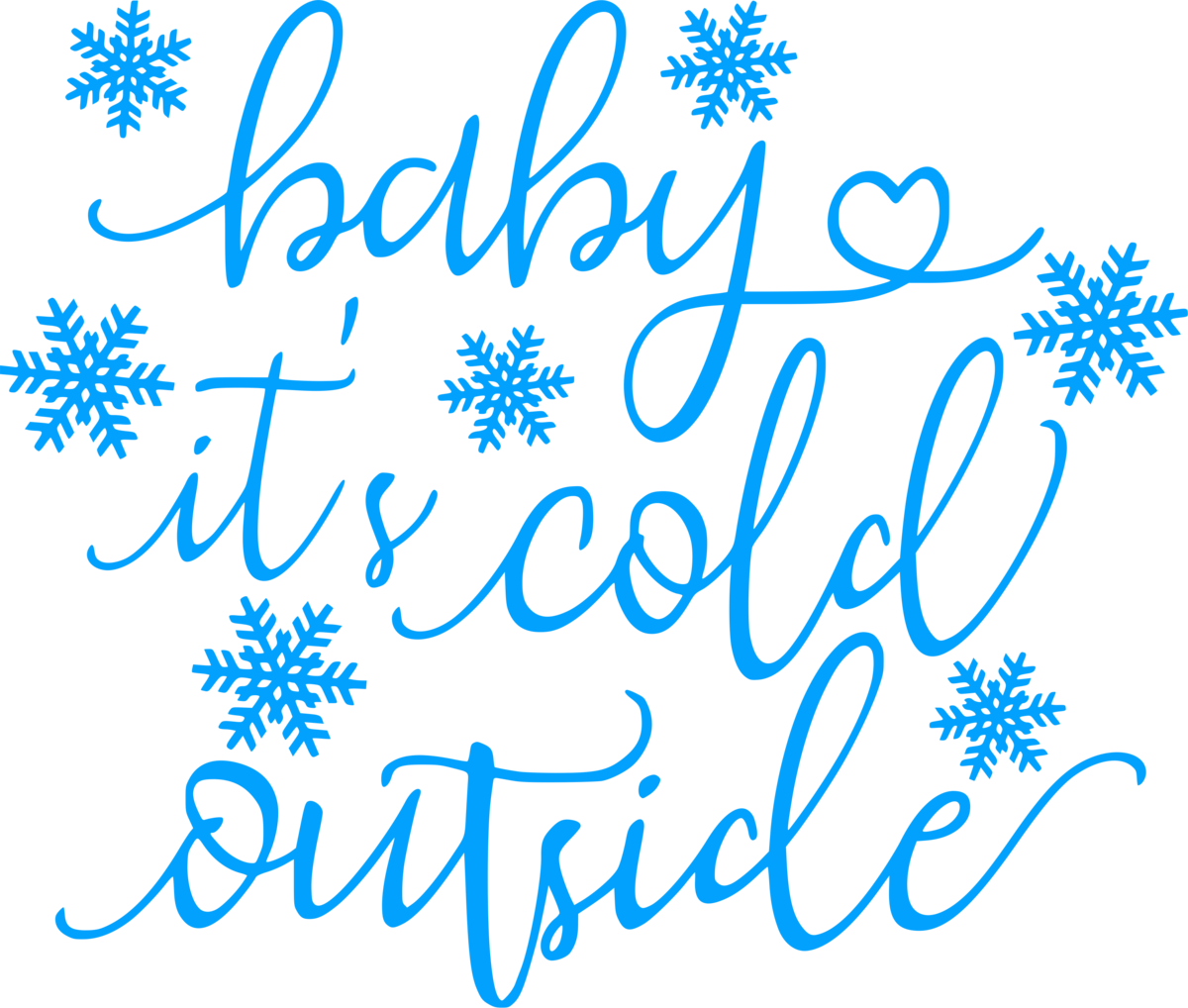 寒冷 桌布 壁紙 — 藍色草書文字顯示 baby it's cold outside，周圍有雪花在黑色背景上。