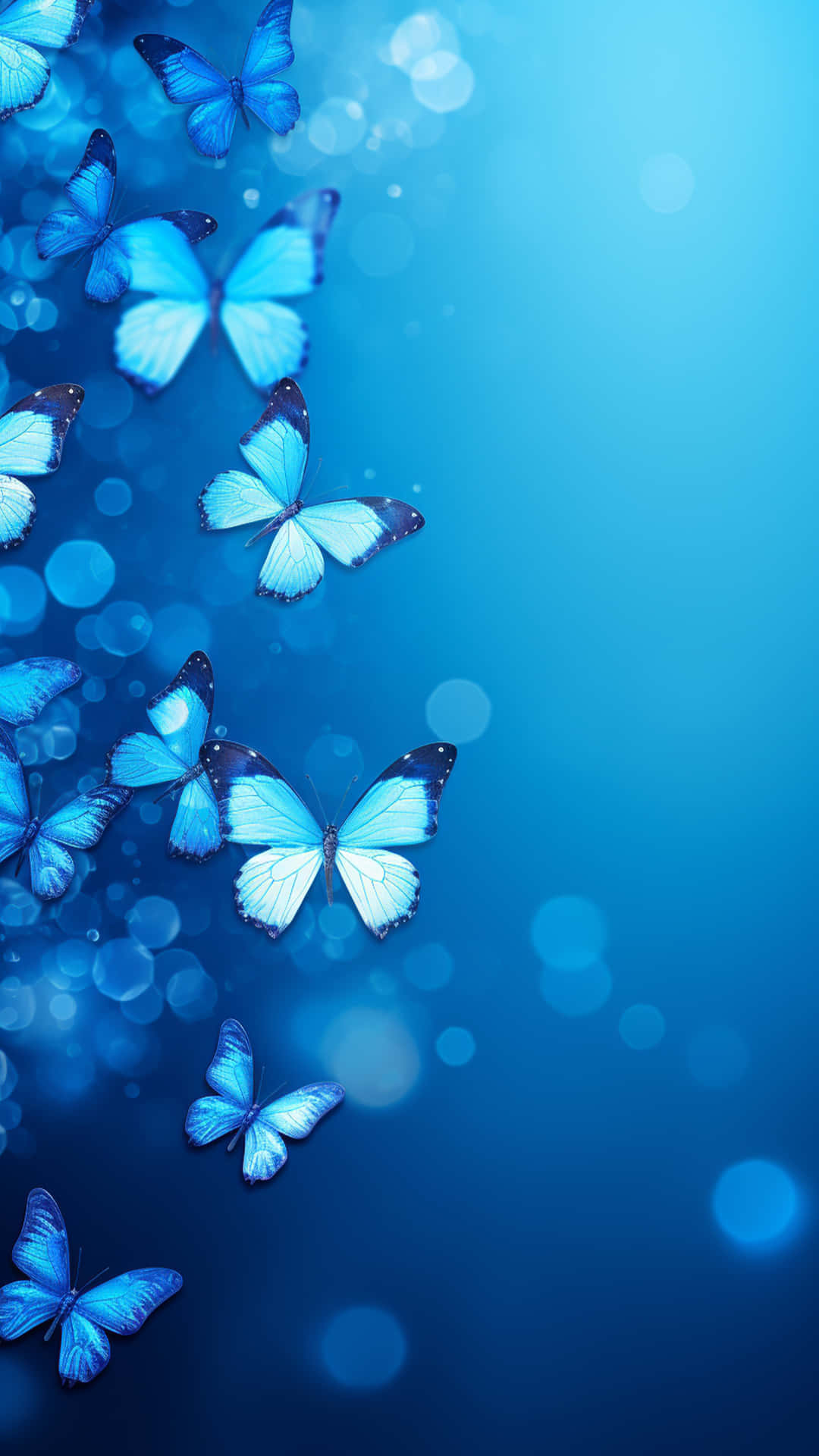Colourful multiple butterfly effect  and colourful background 壁紙 — 藍色蝴蝶帶有深色翅膀邊緣，在漸變藍色背景上飄動，伴隨著柔和發光的散景圓圈。
