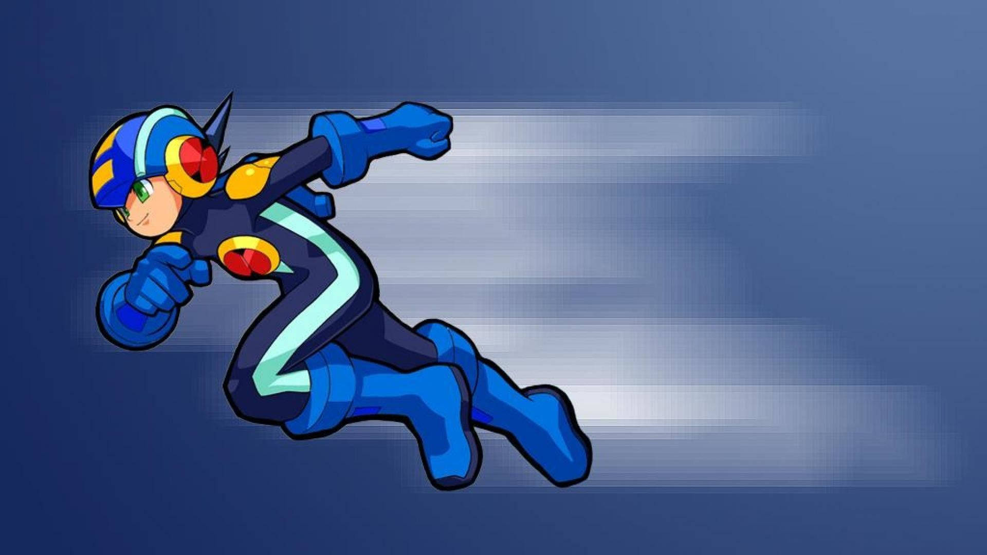 Megaman 桌布 壁紙 — 藍色裝甲動漫英雄在動態飛行中，背景為模糊的漸變藍色。