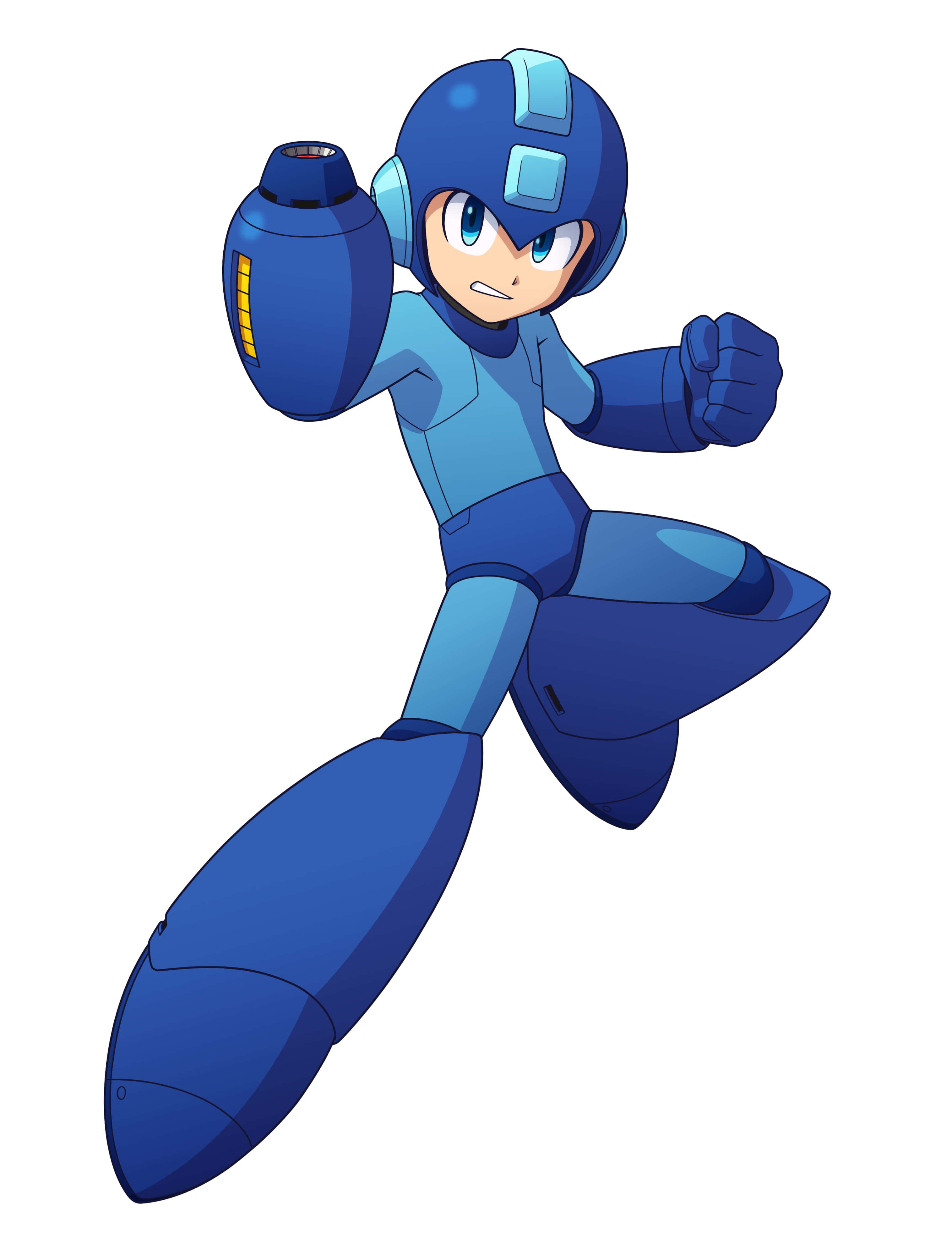 Megaman 桌布 壁紙 — 藍色裝甲機器人英雄，動態姿勢，發光眼睛，仿生手臂，白色背景。