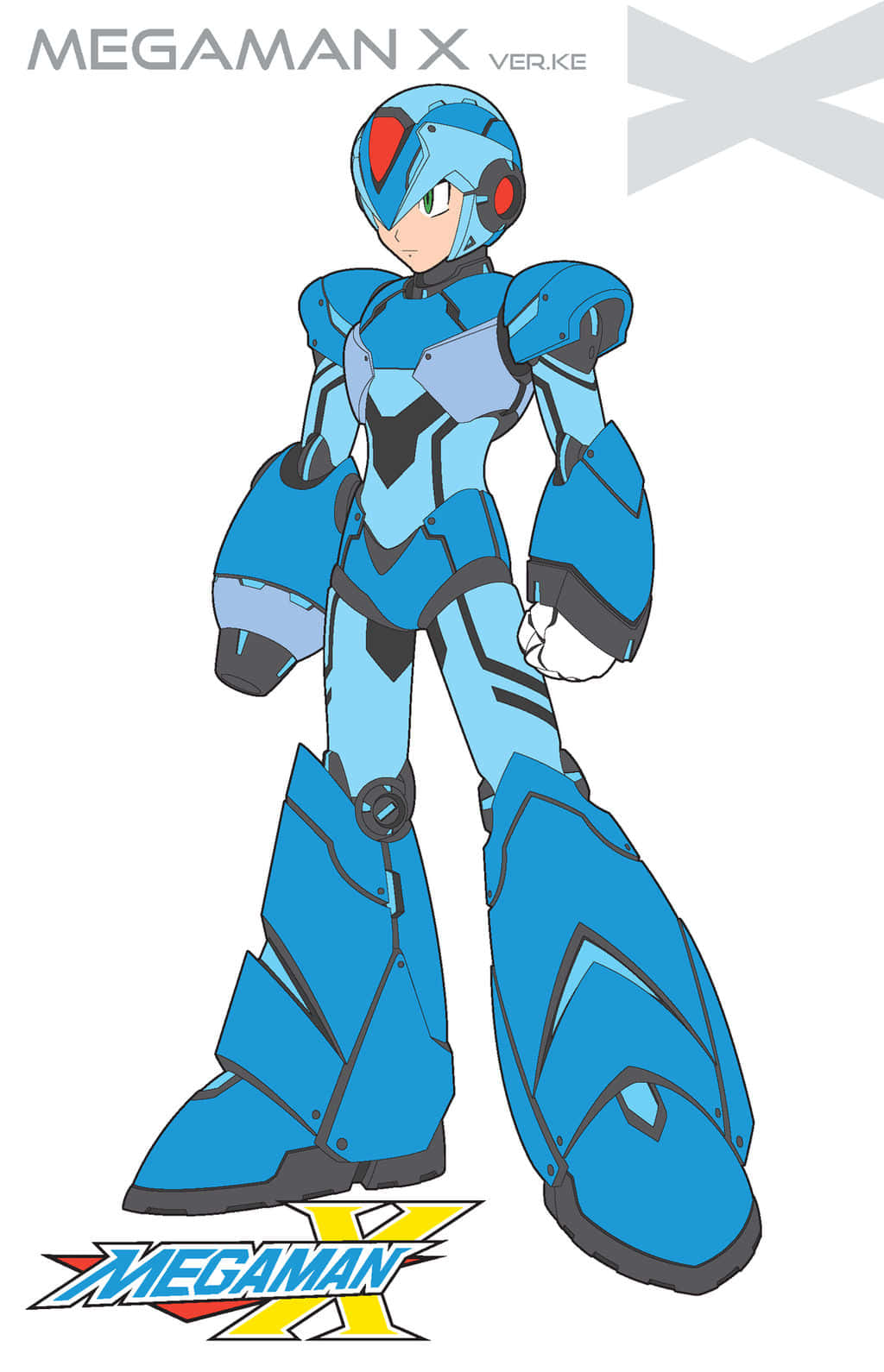 洛克人 桌布 壁紙 — 藍色裝甲的Mega Man X以英雄姿態站在純白背景前，下方有其標誌。