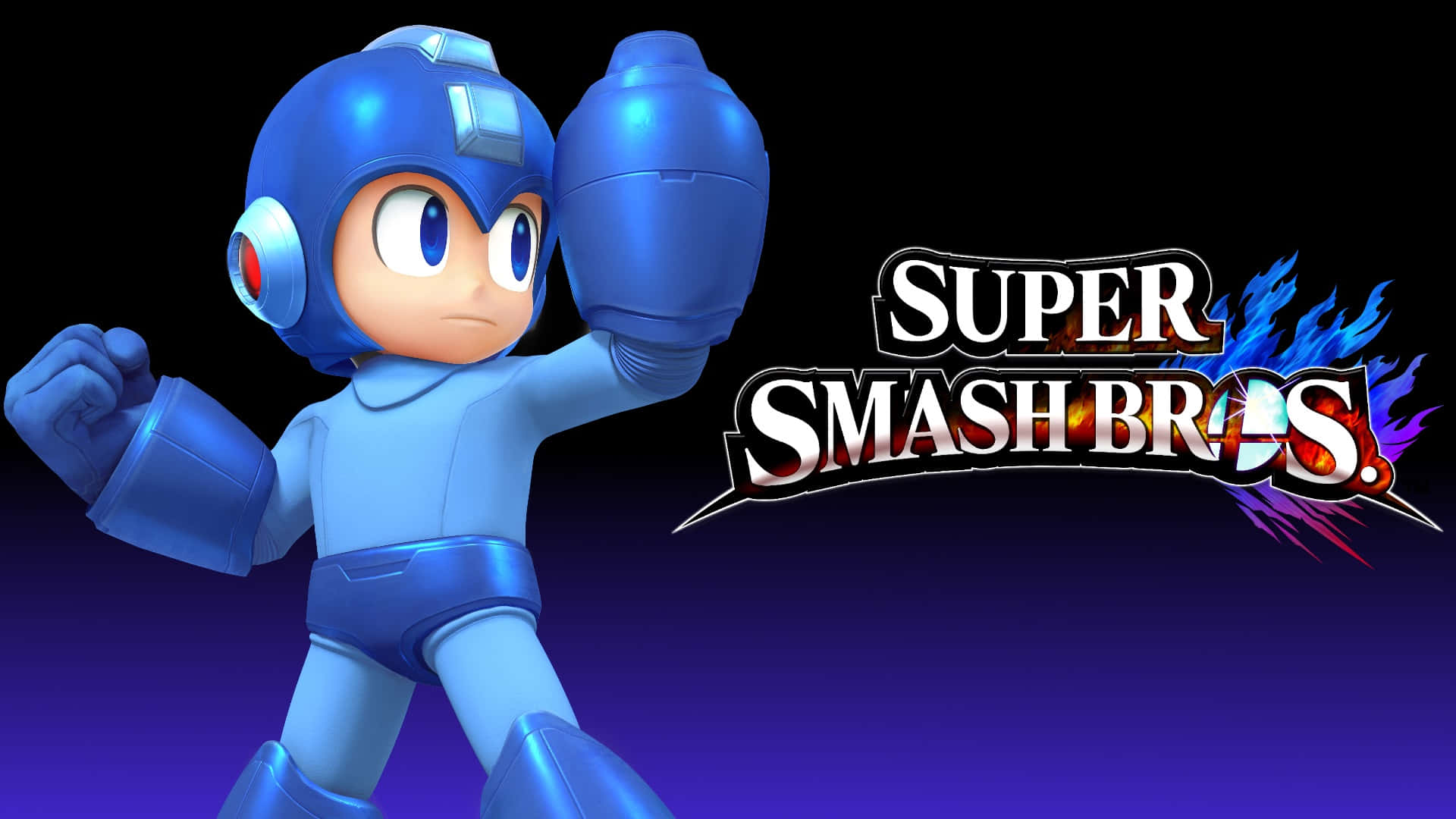Megaman 桌布 壁紙 — 藍色裝甲的Mega Man以動感姿勢站在深色漸變背景前，帶有Super Smash Bros標誌。