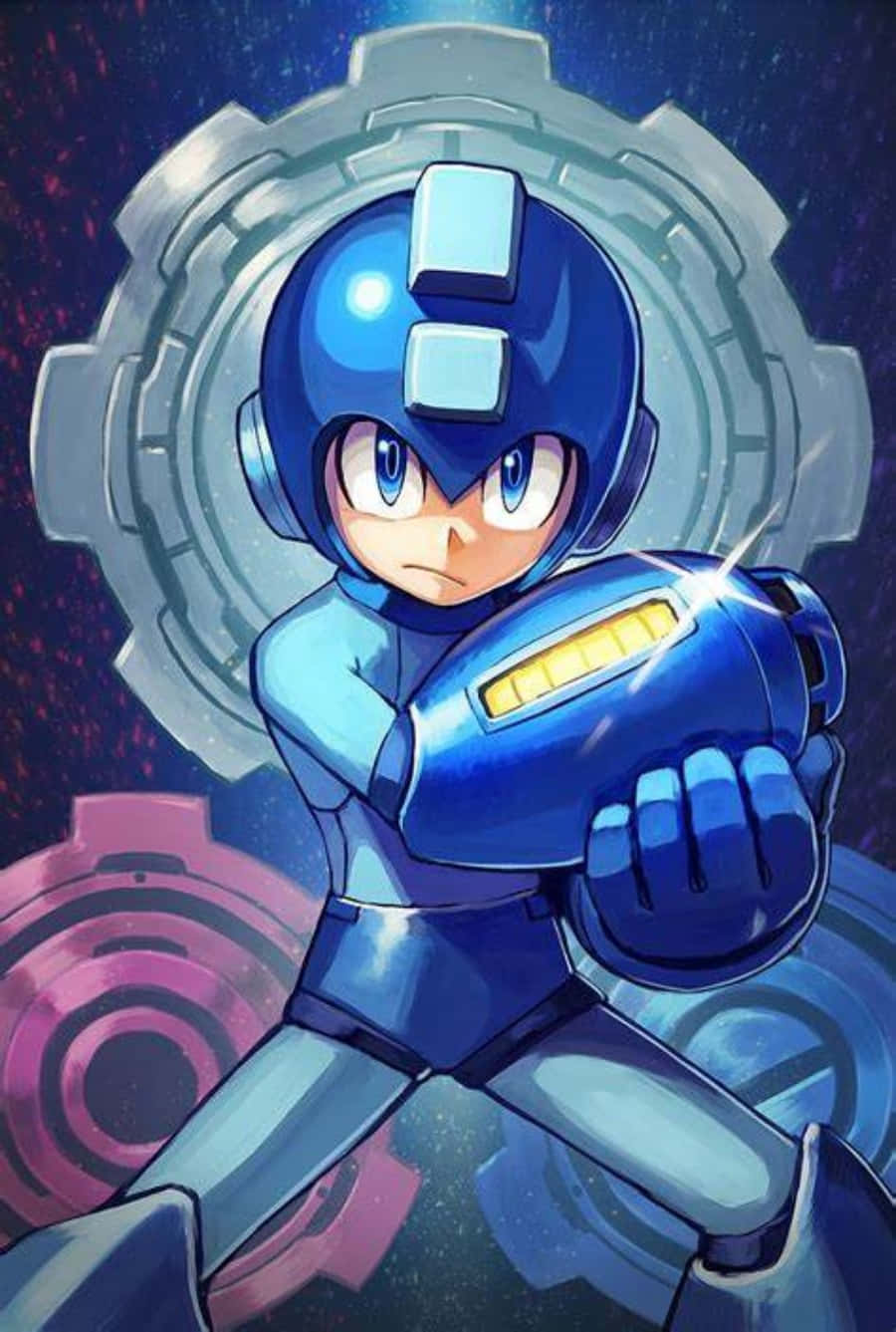 電玩遊戲 桌布 壁紙 — 藍色裝甲的Mega Man在宇宙齒輪主題背景中準備好發光的buster。