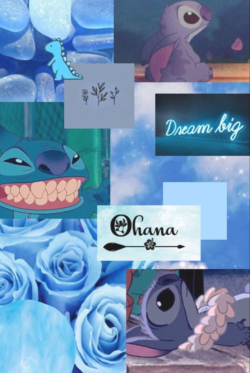 stitch collage 桌布 壁紙 — 藍色調拼貼畫，以 Lilo & Stitch 的史迪奇、玫瑰和勵志文字為特色，背景為天空。