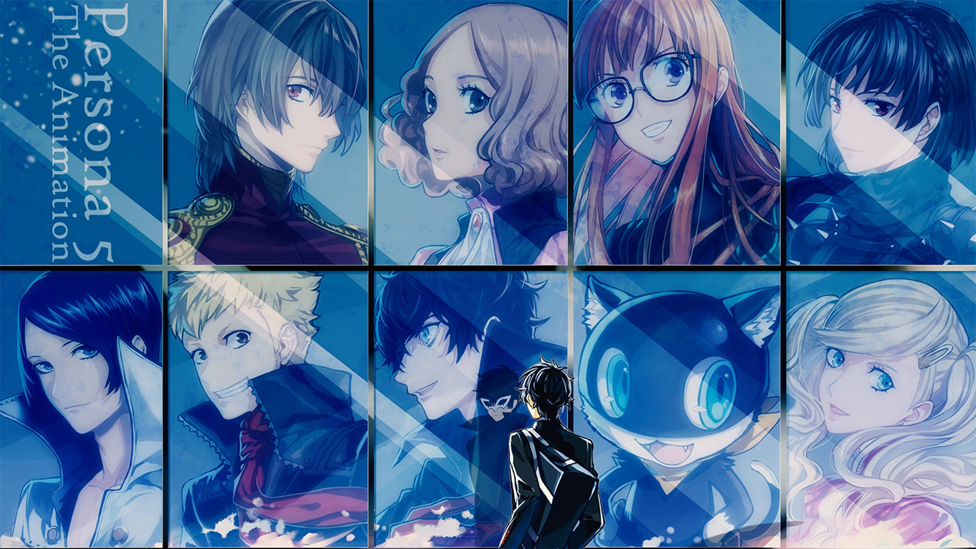 ren amamiya 桌布 壁紙 — 藍色調的動畫桌布， featuring 九個來自 Persona 5 的角色，帶有戲劇性的燈光和風格化的表情。