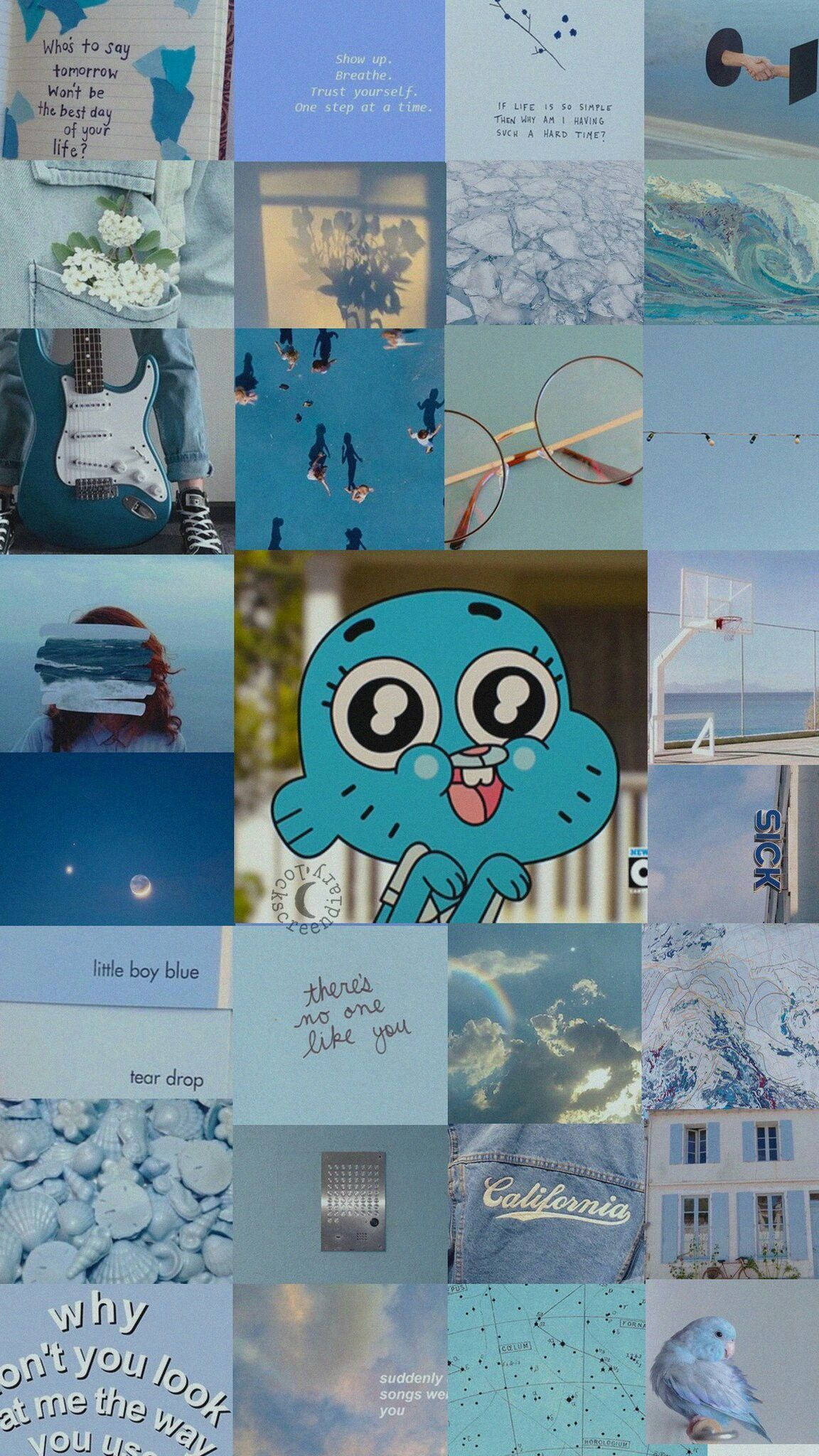 Gumball Aesthetic 桌布 壁紙 — 藍色調的拼貼畫，包含多種圖像，包括卡通角色、吉他、海洋和手寫語錄。