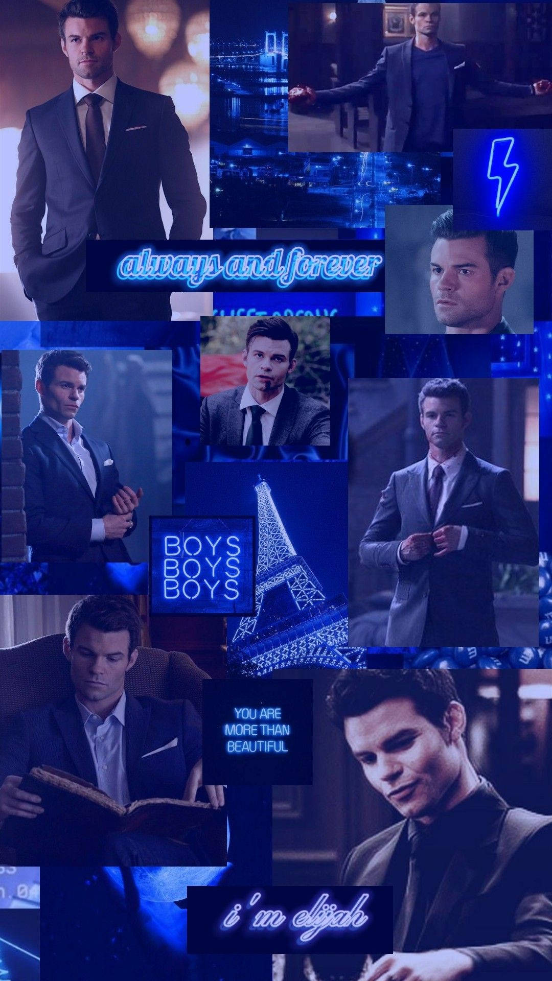 elijah mikaelson 桌布 壁紙 — 藍色調的拼貼畫，描繪一名穿西裝的男子在各種戲劇性場景中，帶有發光文字疊加。