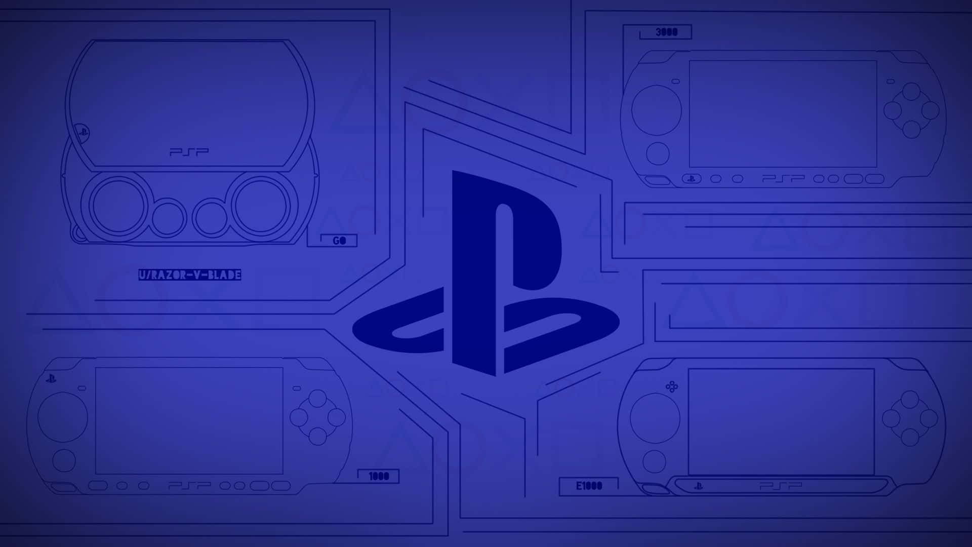 Psp 桌布 壁紙 — 藍色調藍圖風格桌布，展示PlayStation標誌，周圍環繞著輪廓線條的PSP主機設計。