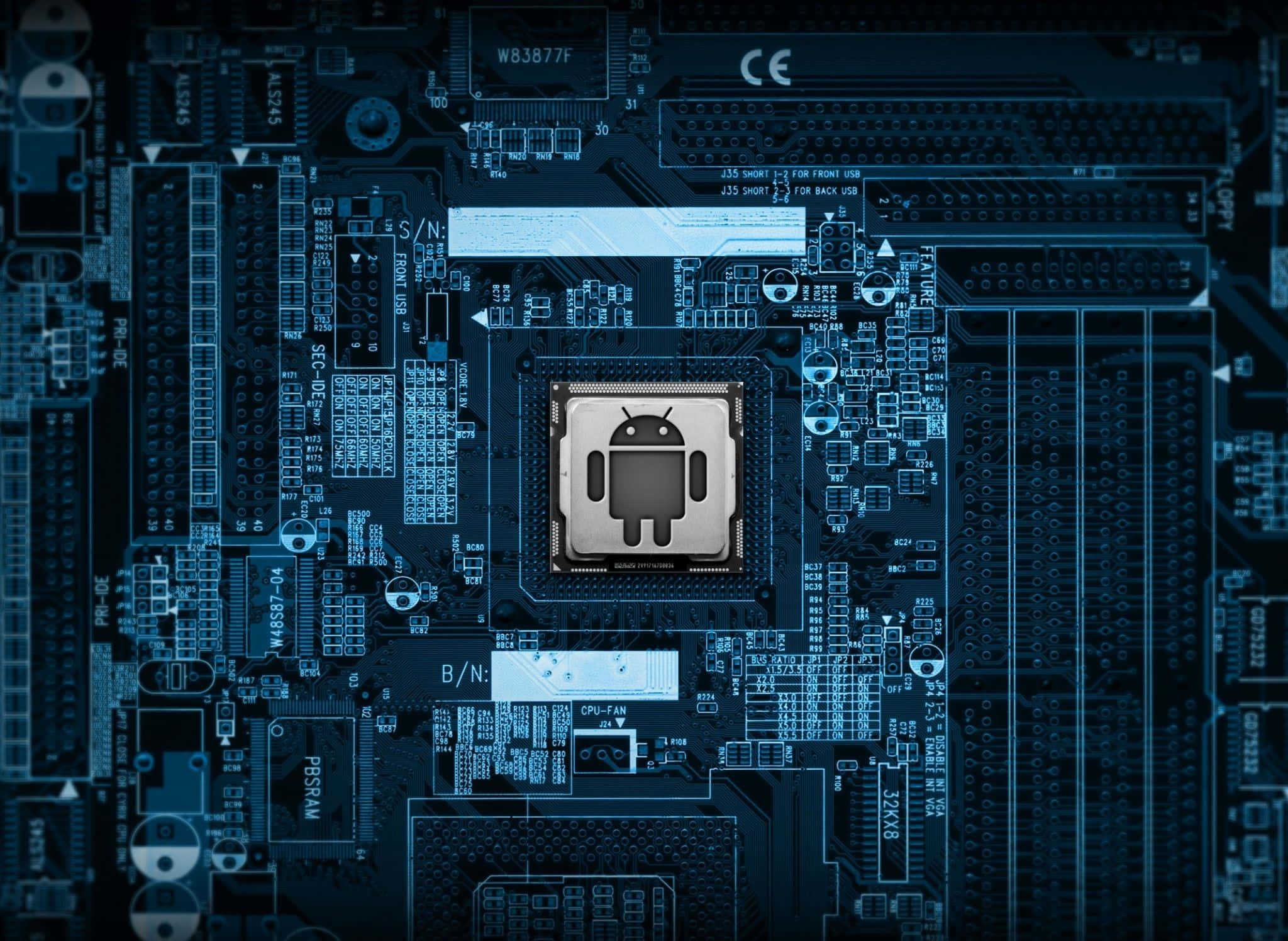 藍色調主機板，CPU插槽上有Android標誌。 — 4K Android 壁紙