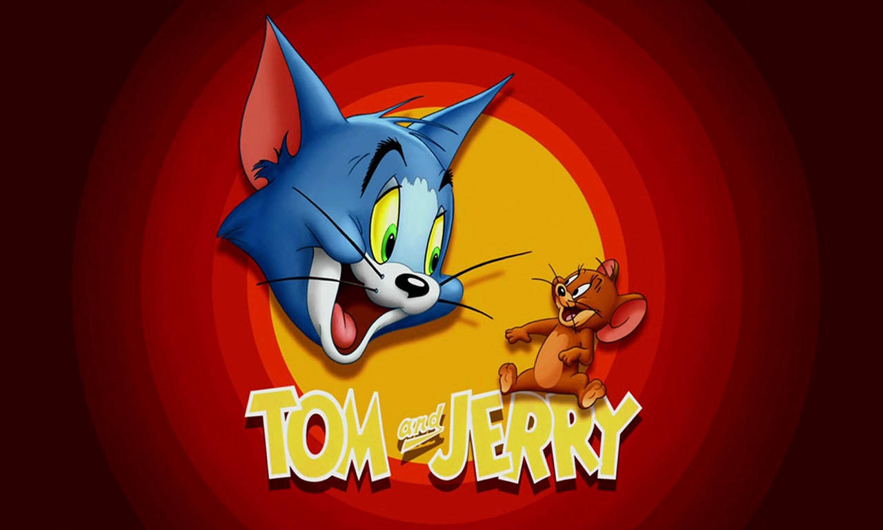 Jerry 桌布 壁紙 — 藍色貓 Tom 和棕色老鼠 Jerry 在紅色和黃色的同心圓背景前，睜大眼睛對峙。