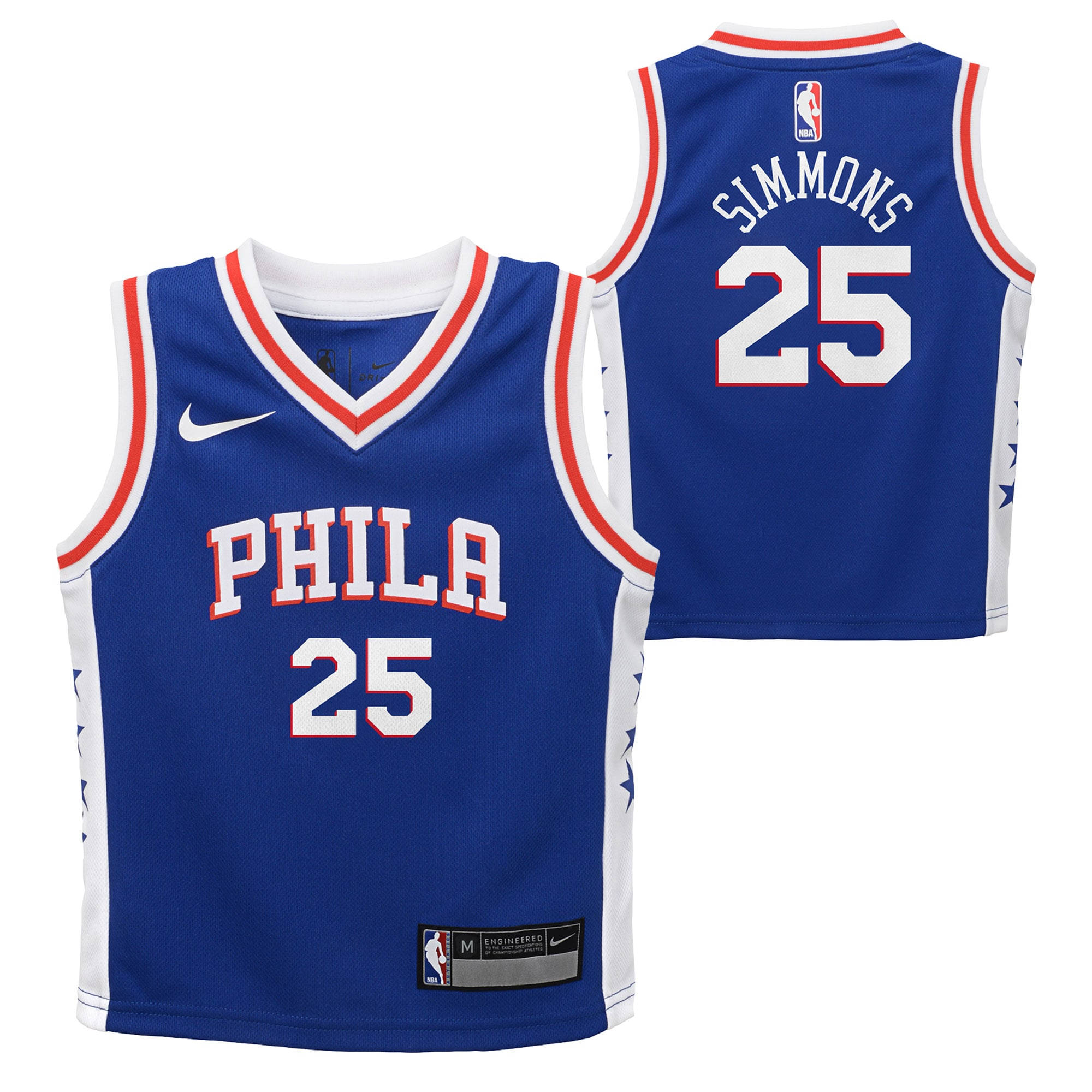 76ers 桌布 壁紙 — 藍色費城76人青年籃球球衣，前後展示25號和Simmons名字。