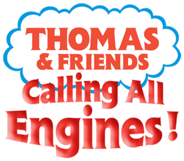 Thomas Friends 桌布 壁紙 — 藍色輪廓的白色雲朵內，粗體紅色文字寫著「THOMAS & FRIENDS Calling All Engines!」。