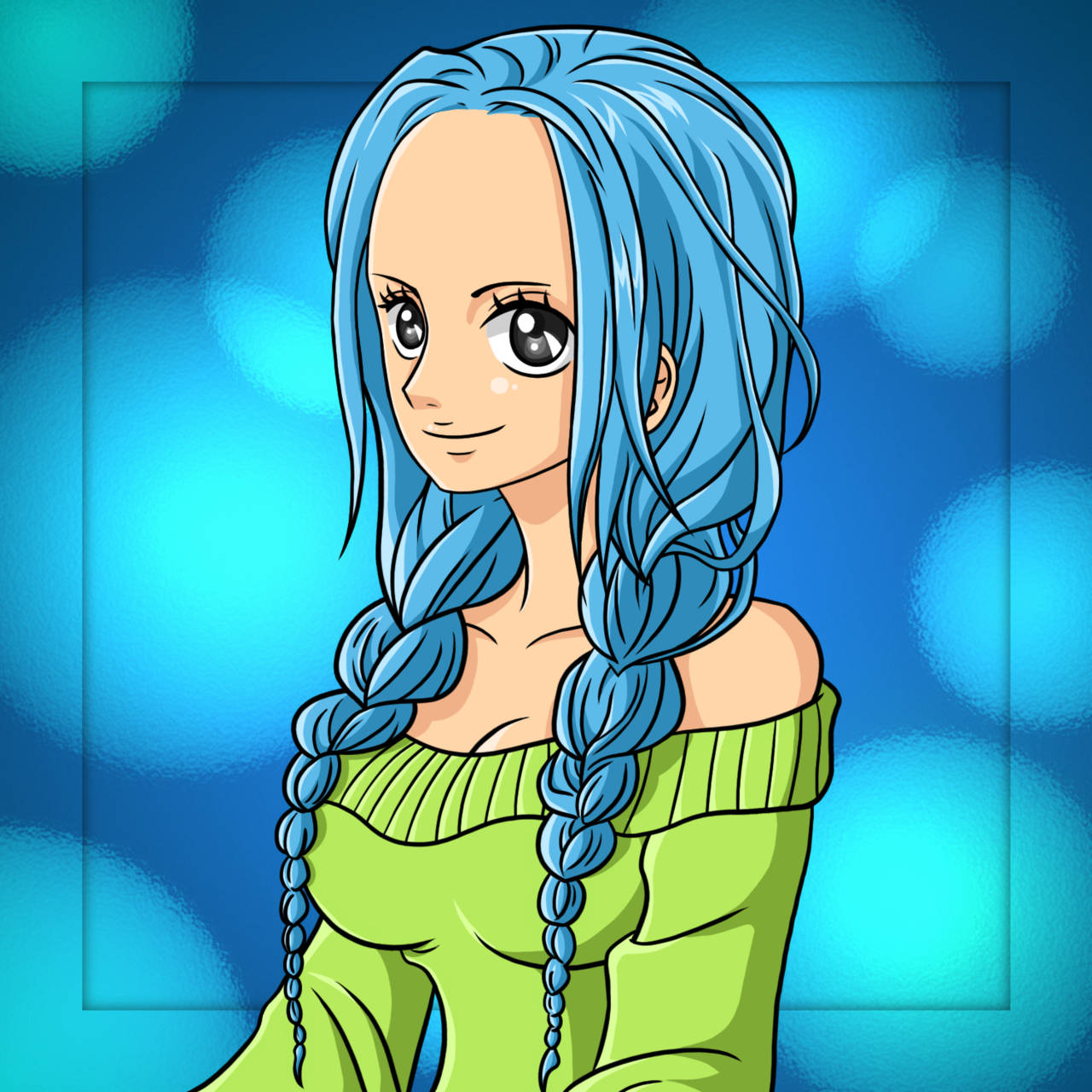 nefertari vivi 桌布 壁紙 — 藍色辮子頭髮、綠色上衣的動漫女孩，背景是發光的藍色散景。
