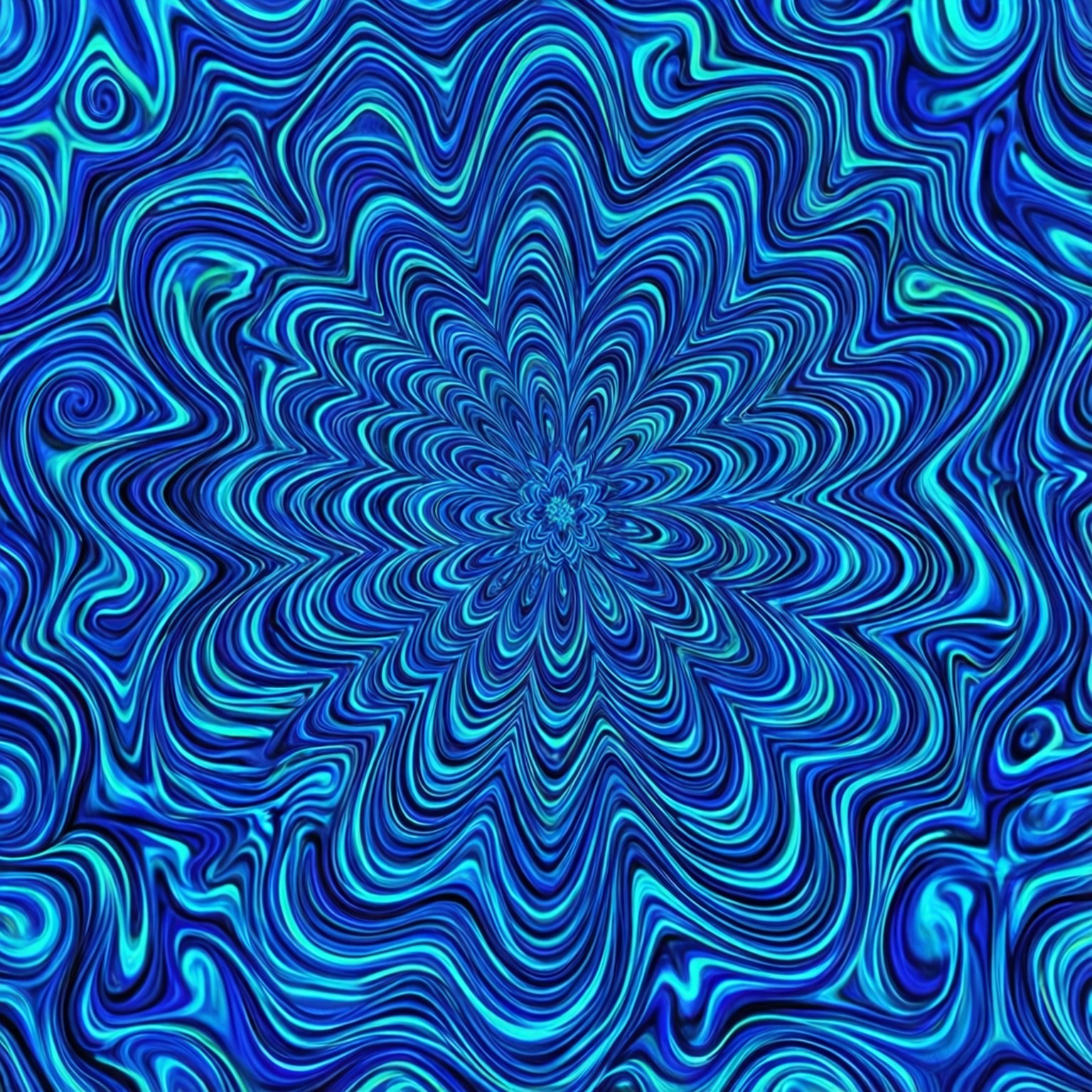 藍色迷幻曼陀羅 壁紙 — 一個迷人的數位圖案，由旋轉的藍色和藍綠色波浪匯聚成一個催眠般的星爆中心。