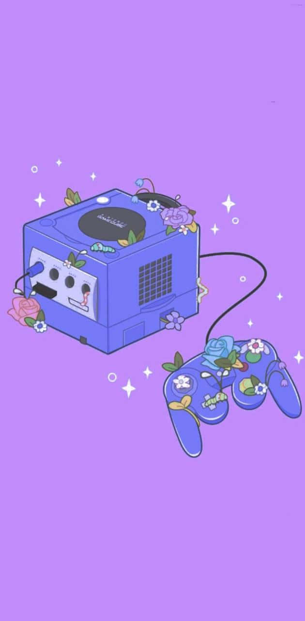 Aesthetic Gaming 桌布 壁紙 — 藍色遊戲主機和控制器，飾有花朵和閃光，背景為紫色。