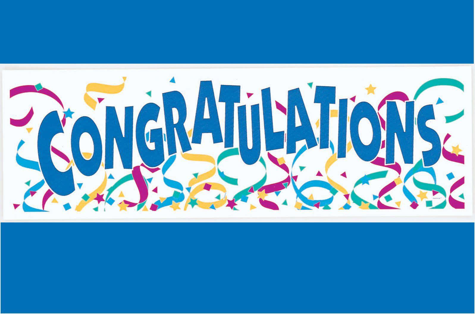 Confetti 桌布 壁紙 — 藍色邊框的白色橫幅上，大膽的藍色「CONGRATULATIONS」文字被色彩繽紛的紙屑和彩帶環繞。