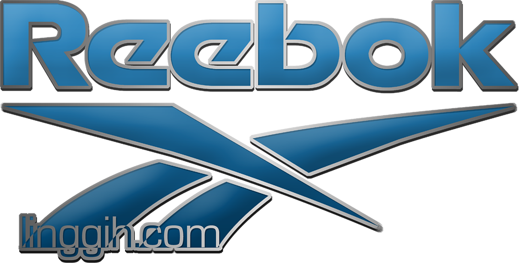 Reebok 桌布 壁紙 — 藍色金屬質感Reebok標誌，搭配銀色邊框和勾號符號，背景為黑色。