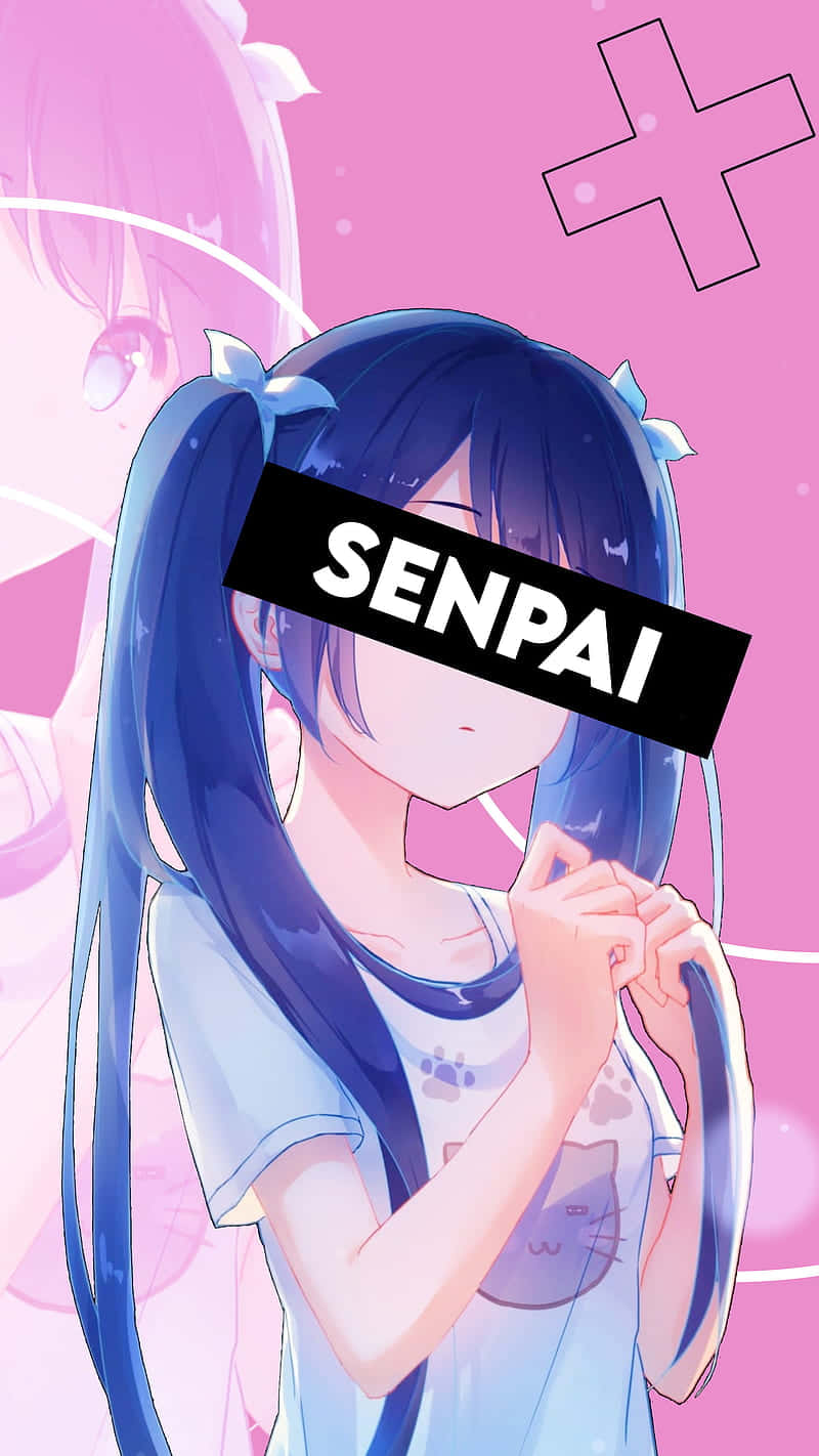Aesthetic Anime 桌布 壁紙 — 藍色雙馬尾、穿著貓咪T恤的動漫女孩在粉紅色背景上將臉藏在「SENPAI」文字後面。