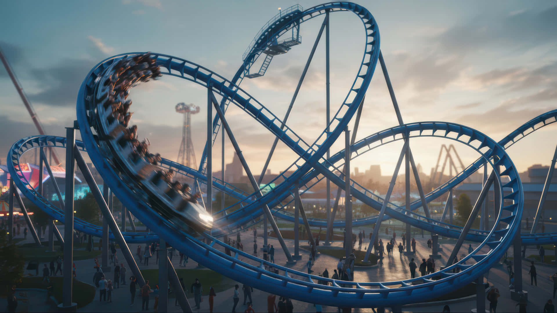 Bloom on roller coaster modded wallpaper for desktop Enhancement, 壁紙 — 藍色雲霄飛車在日落時分蜿蜒穿過遊樂園，乘客尖叫，下方人群觀看。