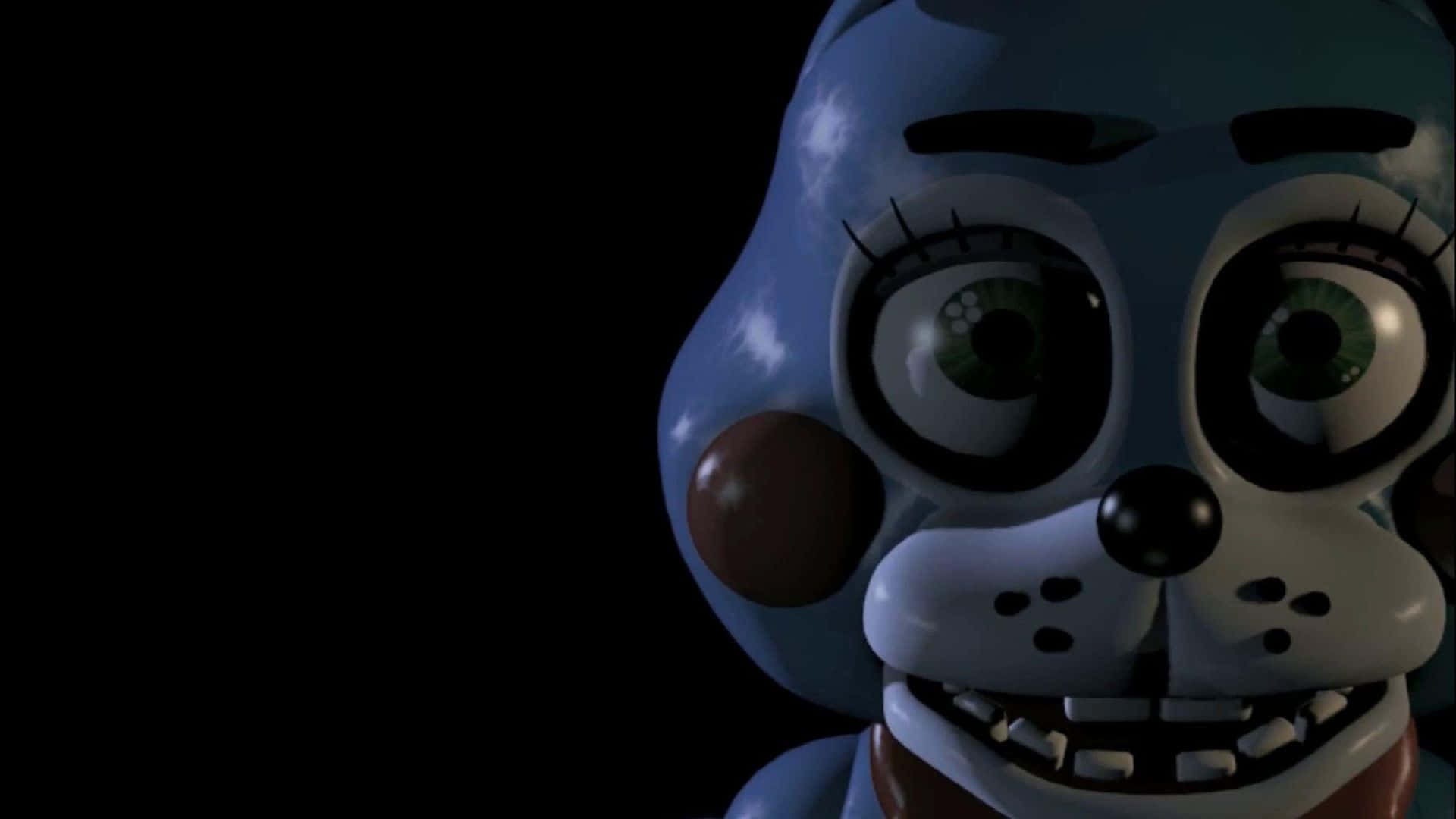 Fnaf Jumpscare 桌布 壁紙 — 藍色電子兔子的特寫，有著綠色大眼睛和露齒笑容，背景為黑色。