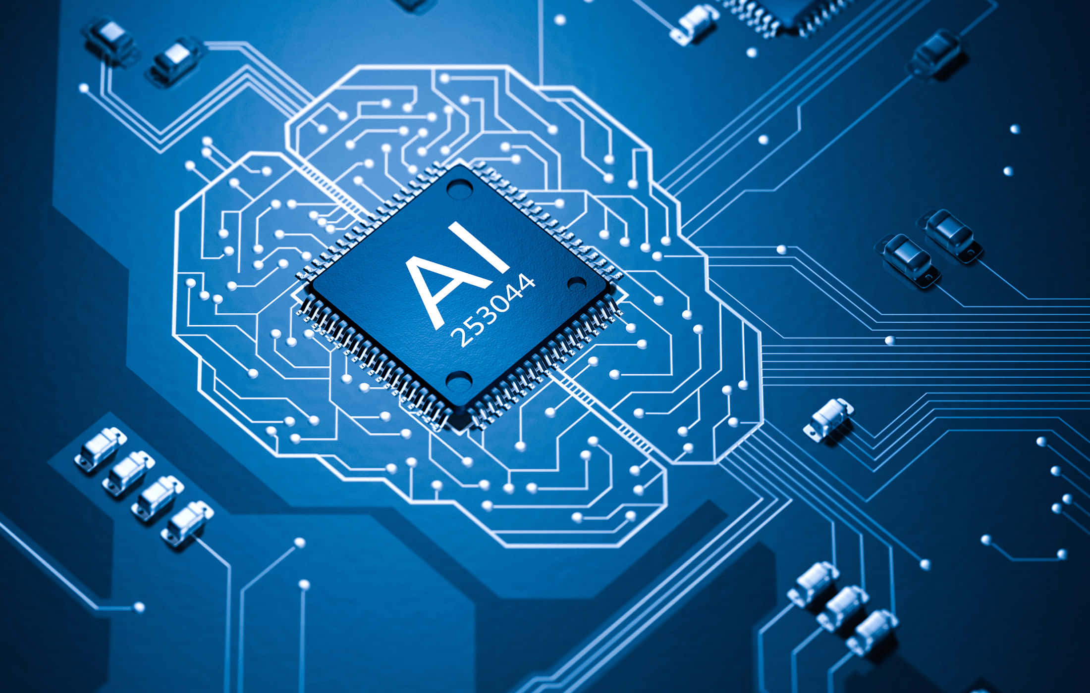 AI 桌布 壁紙 — 藍色電路板的特寫，中央有一塊AI晶片，周圍環繞著發光的白色路徑和微小元件。