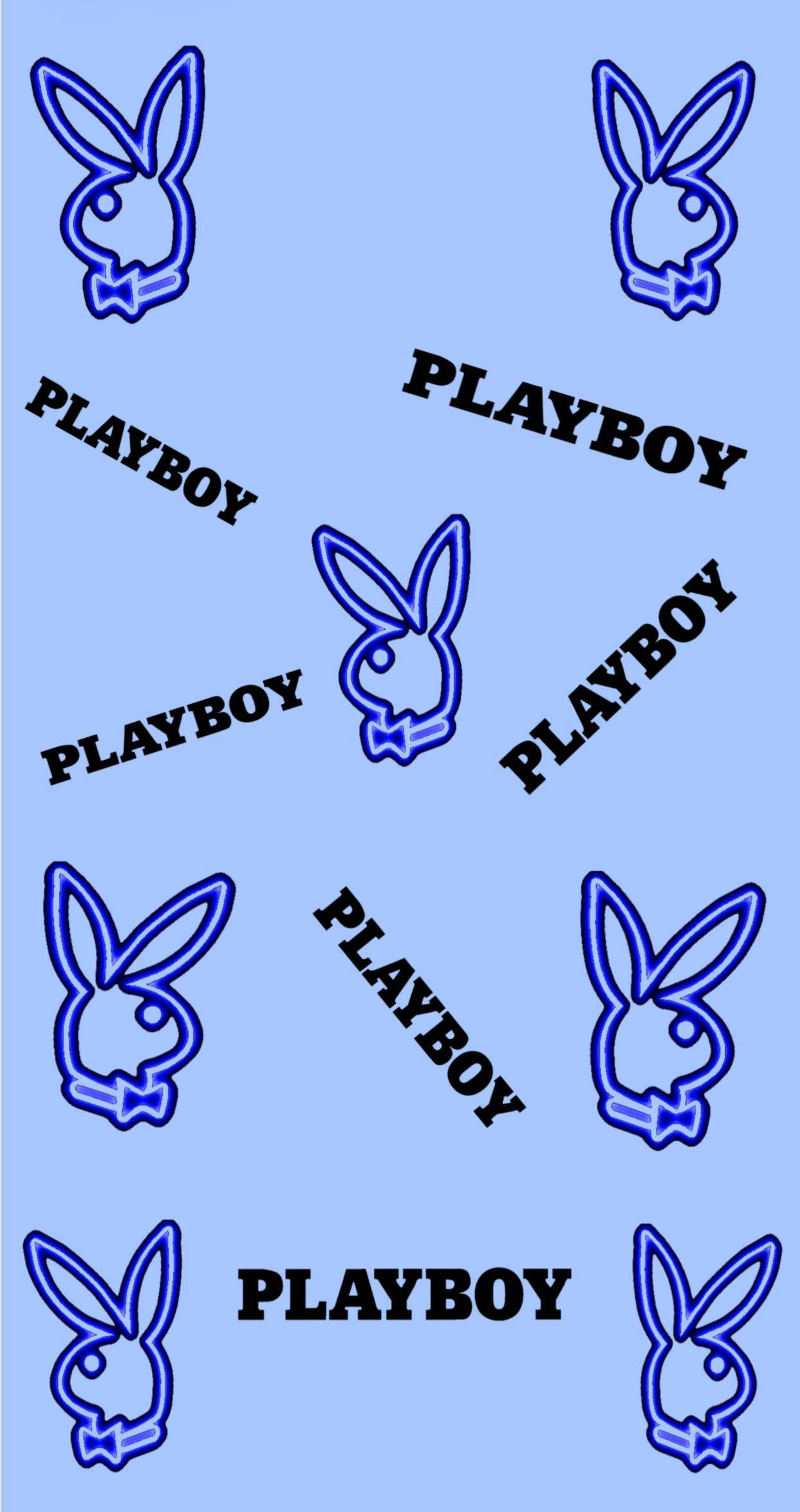 花花公子 桌布 壁紙 — 藍色霓虹燈Playboy兔子標誌圖案在淺藍色背景上對角重複。