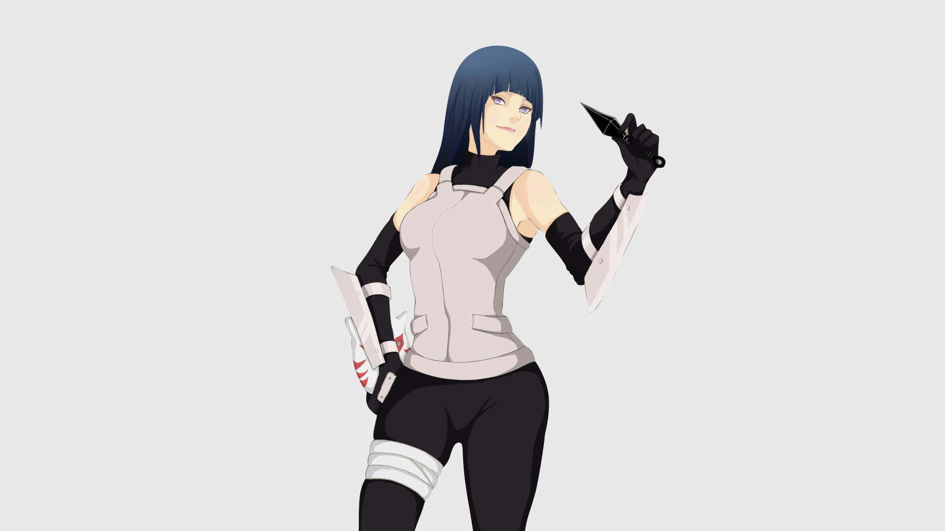 Anbu Black Ops 桌布 壁紙 — 藍色頭髮、身穿白色服裝的動漫女忍者，在純灰色背景前手持苦無。