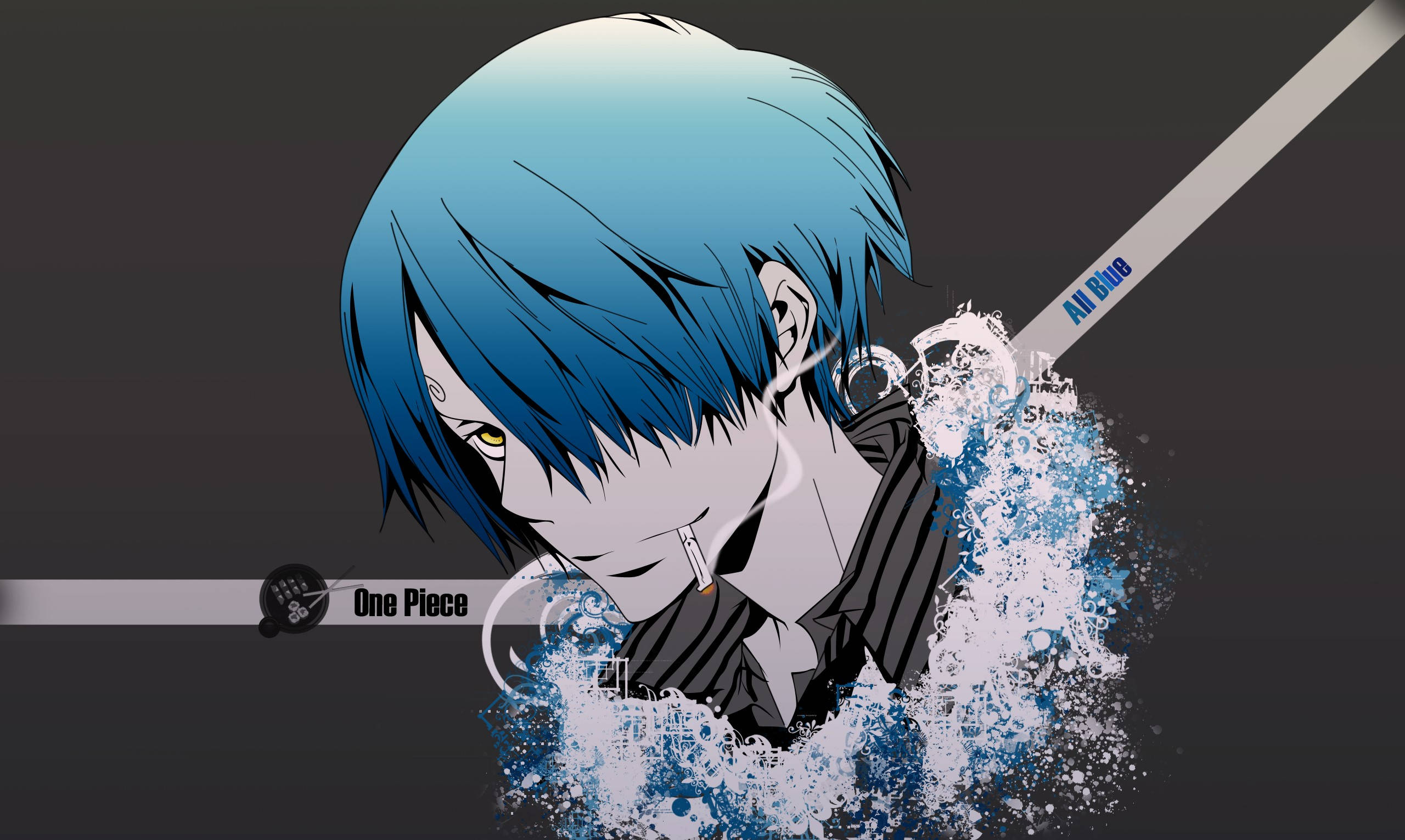 Sanji 桌布 壁紙 — 藍色頭髮和黃色眼睛的動漫角色從深灰色背景上的水花中出現。