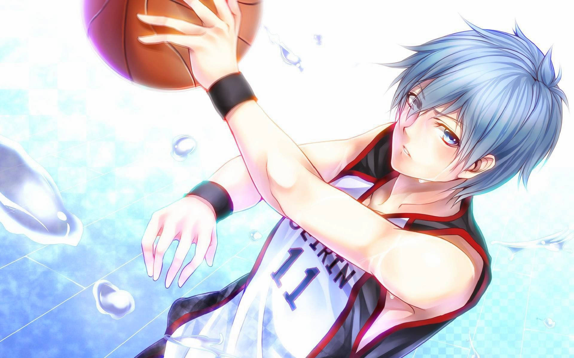 Kuroko 桌布 壁紙 — 藍色頭髮的動漫籃球運動員在發光的藍色水樣環境中投籃。