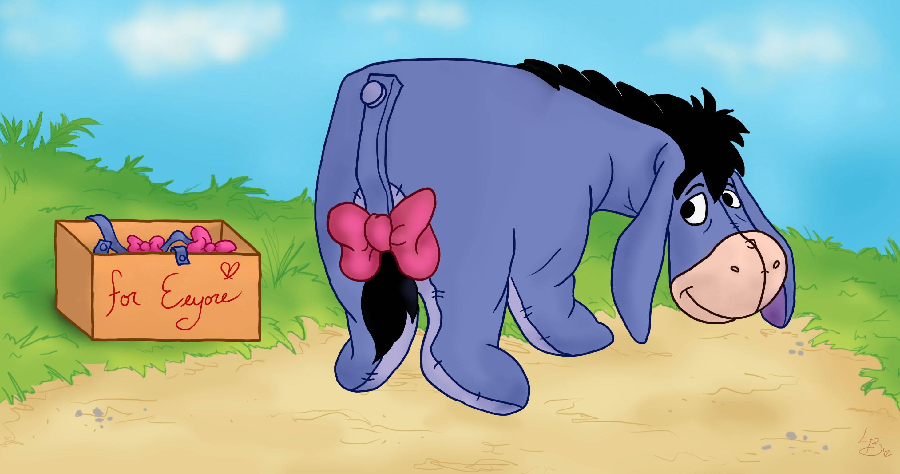 Eeyore 桌布 壁紙 — 藍色驢子伊唷戴著粉紅色蝴蝶結，悲傷地站在草地上一個寫著伊唷名字的禮物盒旁邊。
