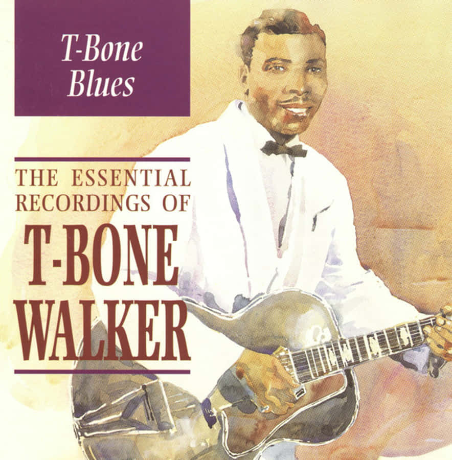 poster 桌布 壁紙 — 藍調音樂家 T-Bone Walker 微笑著抱著吉他的水彩畫肖像，帶有復古專輯文字疊加。