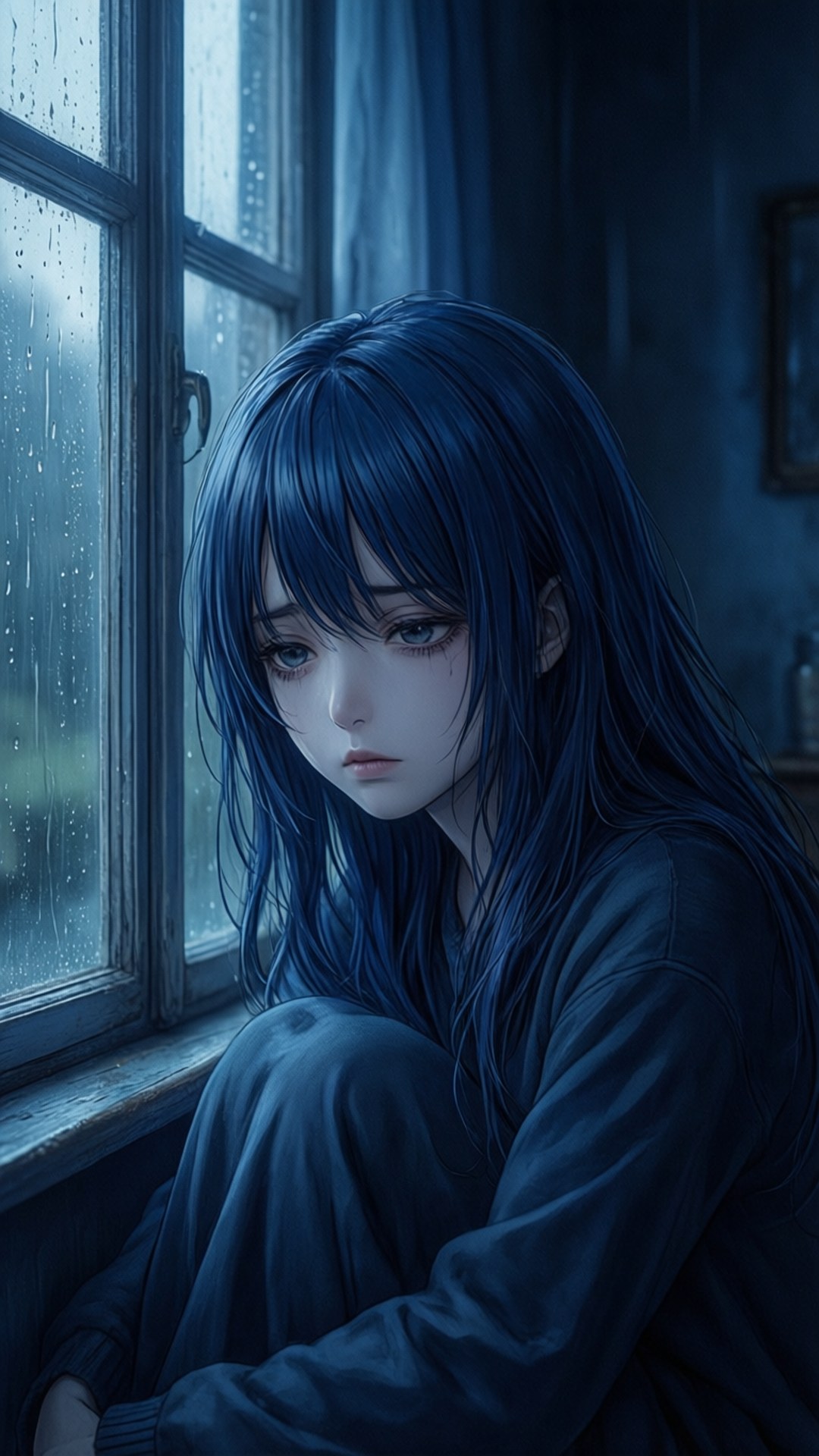 一位藍髮的憂傷女孩，身處暗藍色房間，倚在雨痕斑駁的窗邊。