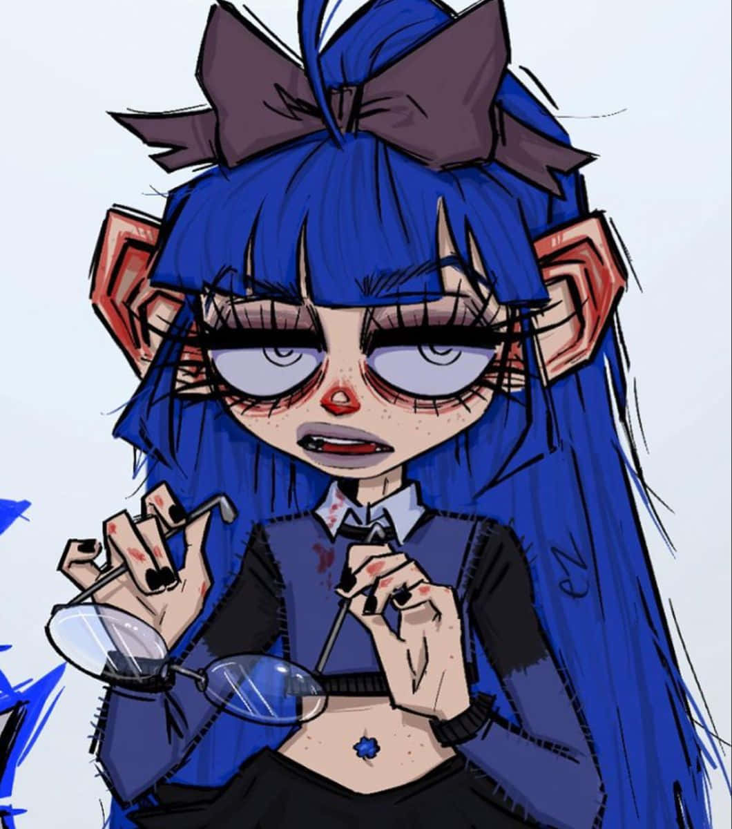 Grunge Cartoon 桌布 壁紙 — 藍髮、紅耳、戴眼鏡的動漫女孩，手上和衣服上有血跡，拿著一副眼鏡。
