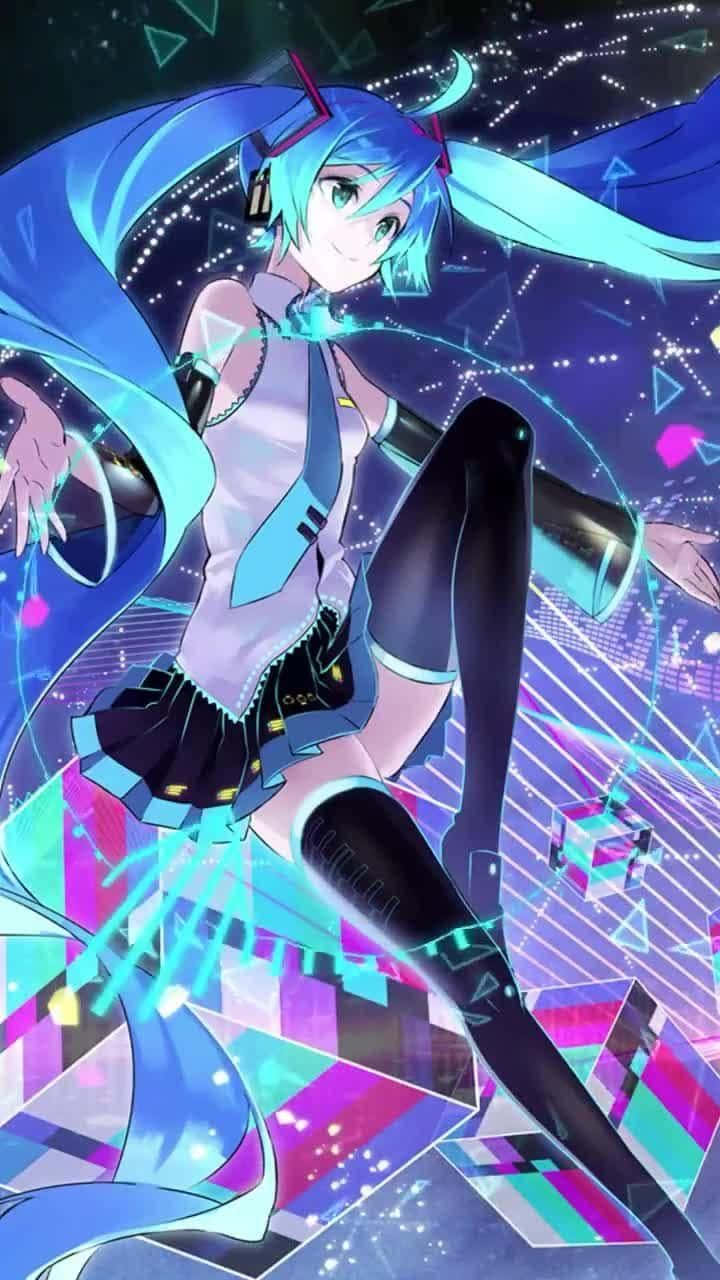 初音未來 桌布 壁紙 — 藍髮並帶有發光青色點綴的動漫女孩，在充滿活力的數位空間中，於霓虹幾何燈光下起舞。