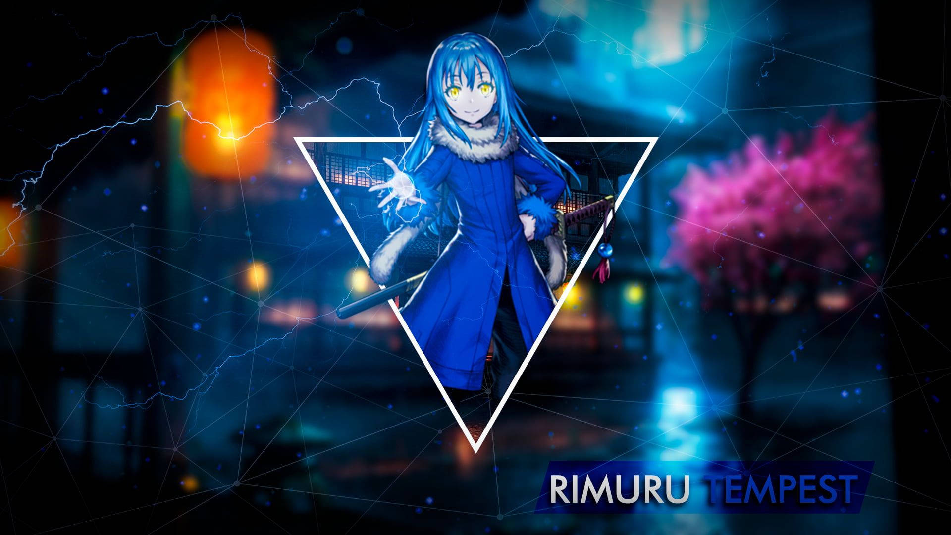 Rimuru 桌布 壁紙 — 藍髮亮眼的動漫女孩站在發光的三角形中，背景是霓虹燈照亮的夜景城市，有粉紅色的樹木和閃電。