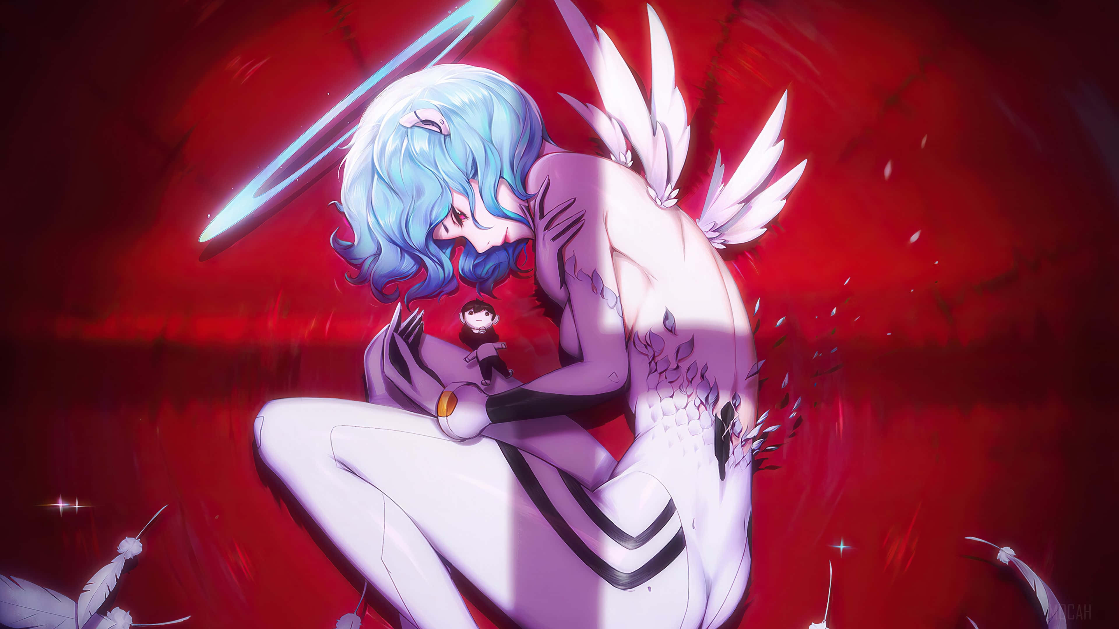 rei ayanami 桌布 壁紙 — 藍髮動漫天使，白色翅膀，懷抱著一個小孩，背景是旋轉的紅色。