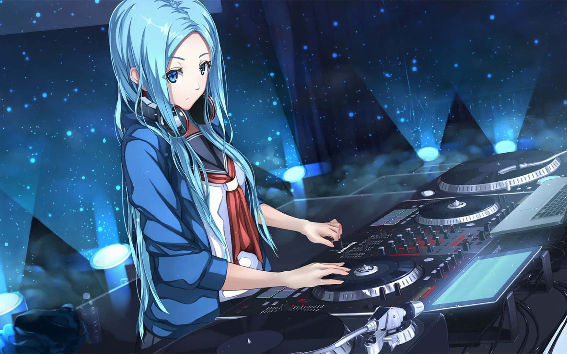DJ 桌布 壁紙 — 藍髮動漫女孩在俱樂部的星藍燈光下於DJ台上混音。