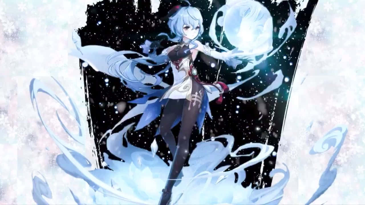 Genshin Impact Ganyu 桌布 壁紙 — 藍髮動漫女孩在星光宇宙背景下揮舞發光的冰魔法，伴隨著旋轉的霜凍效果。