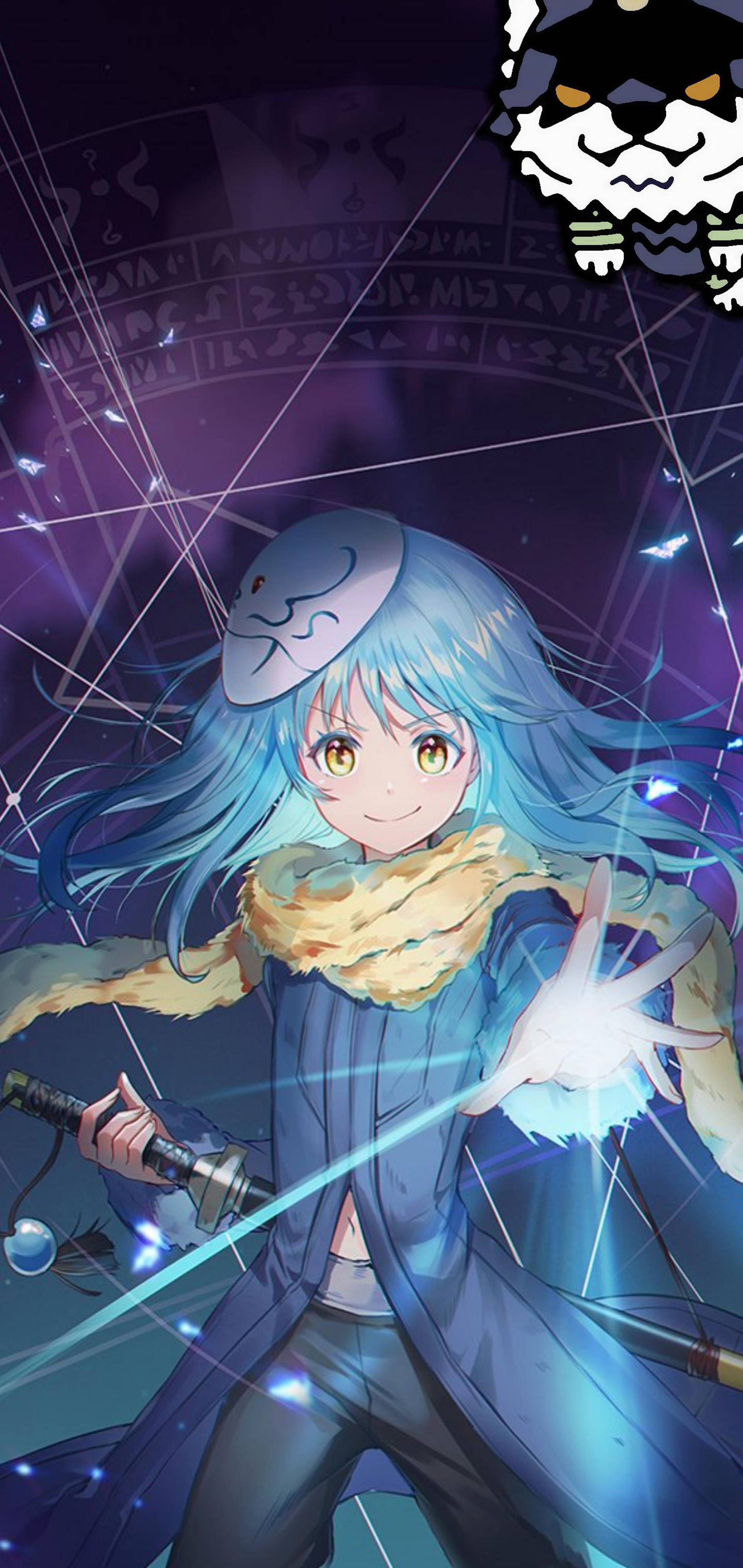 Rimuru 桌布 壁紙 — 藍髮動漫女孩在深紫色背景中揮舞發光劍，周圍有魔法符號和漂浮粒子。